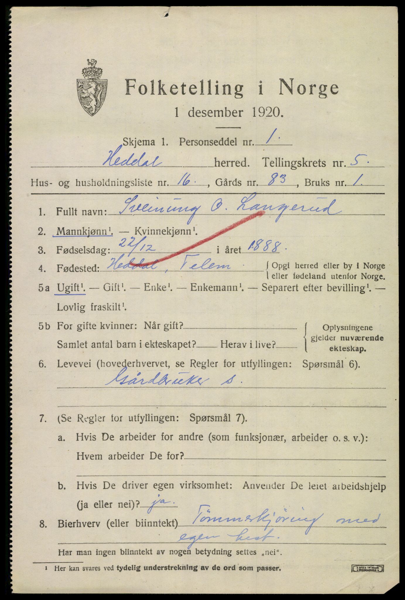 SAKO, 1920 census for Heddal, 1920, p. 4944