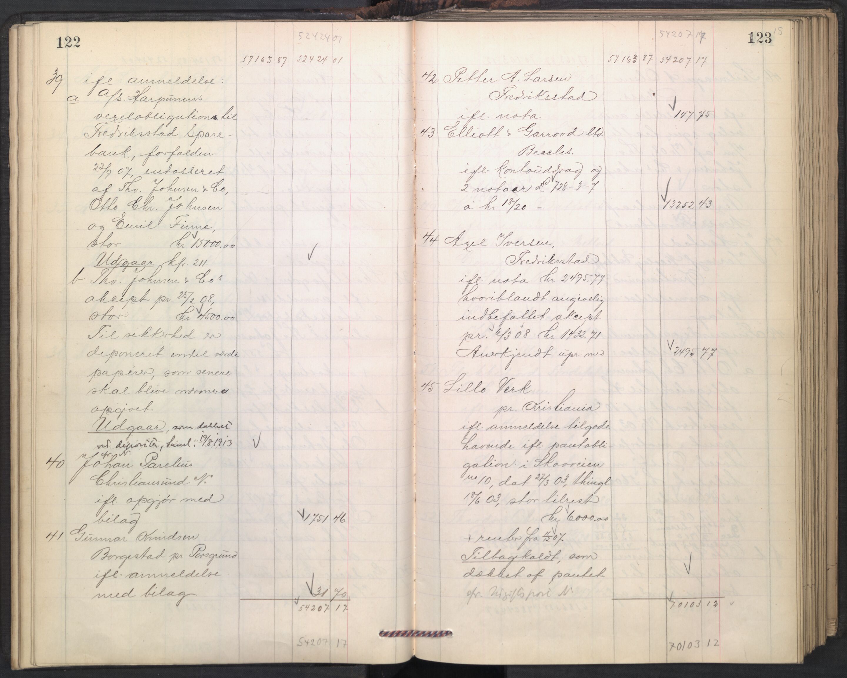 Oslo skifterett, AV/SAO-A-10383/H/Hd/Hdd/L0004: Skifteutlodningsprotokoll for konkursbo, 1906-1915, p. 122-123