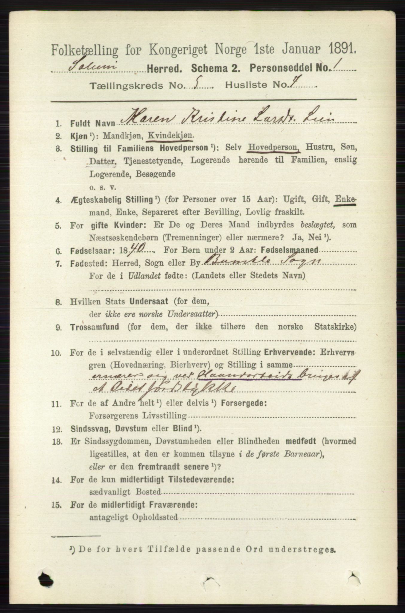 RA, 1891 census for 0818 Solum, 1891, p. 852