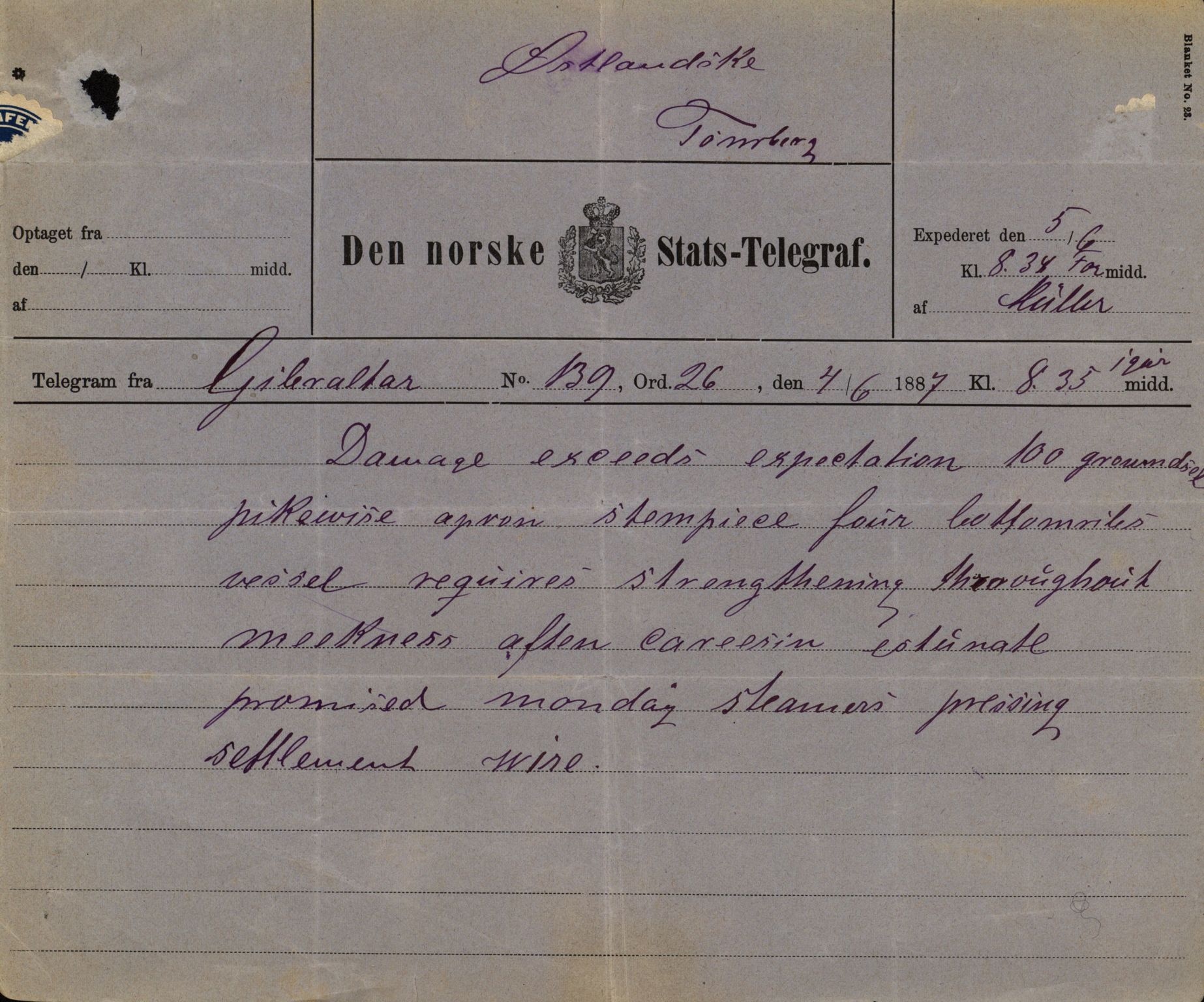 Pa 63 - Østlandske skibsassuranceforening, VEMU/A-1079/G/Ga/L0020/0003: Havaridokumenter / Anton, Diamant, Templar, Finn, Eliezer, Arctic, 1887, p. 194