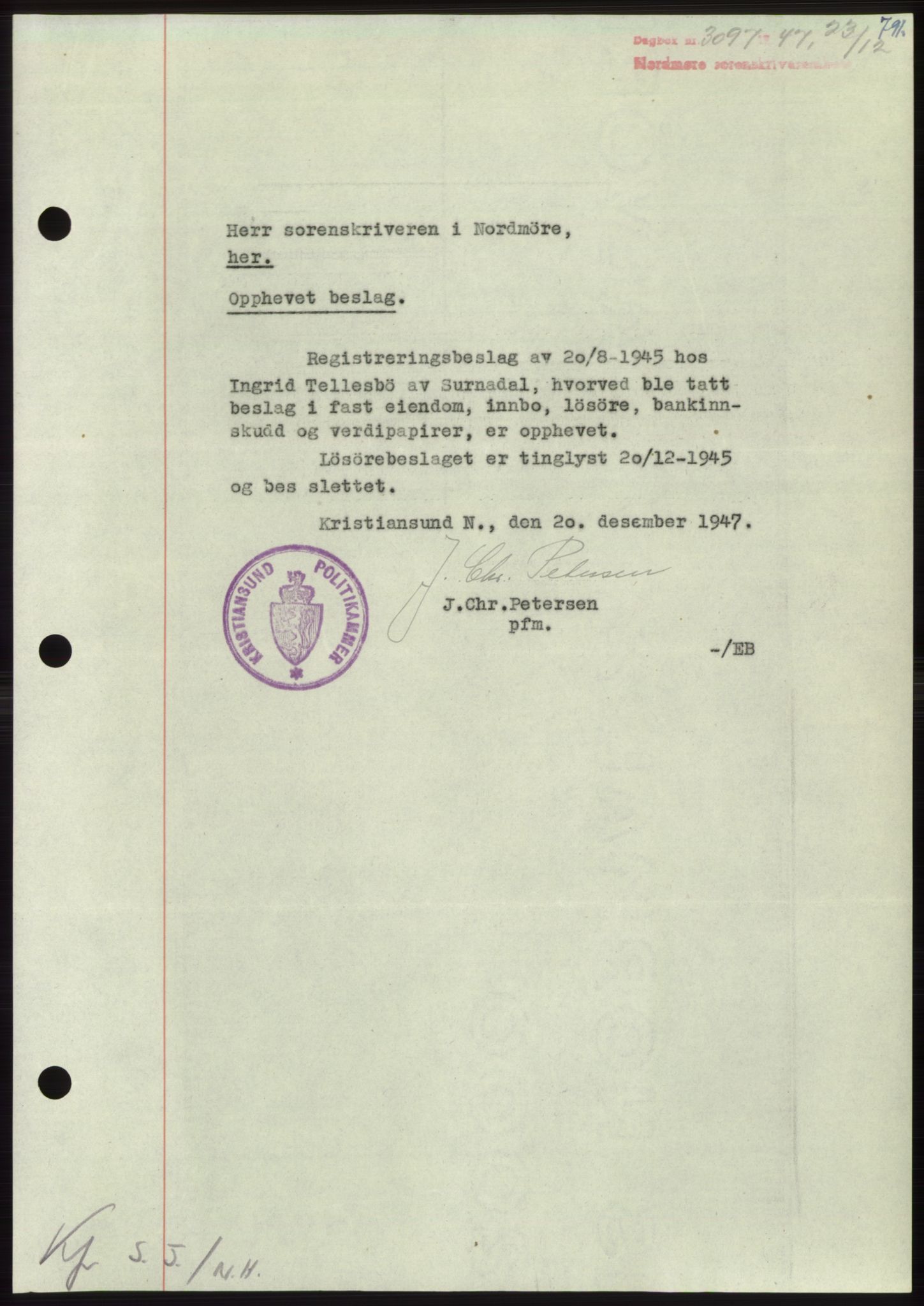 Nordmøre sorenskriveri, AV/SAT-A-4132/1/2/2Ca: Mortgage book no. B97, 1947-1948, Diary no: : 3097/1947