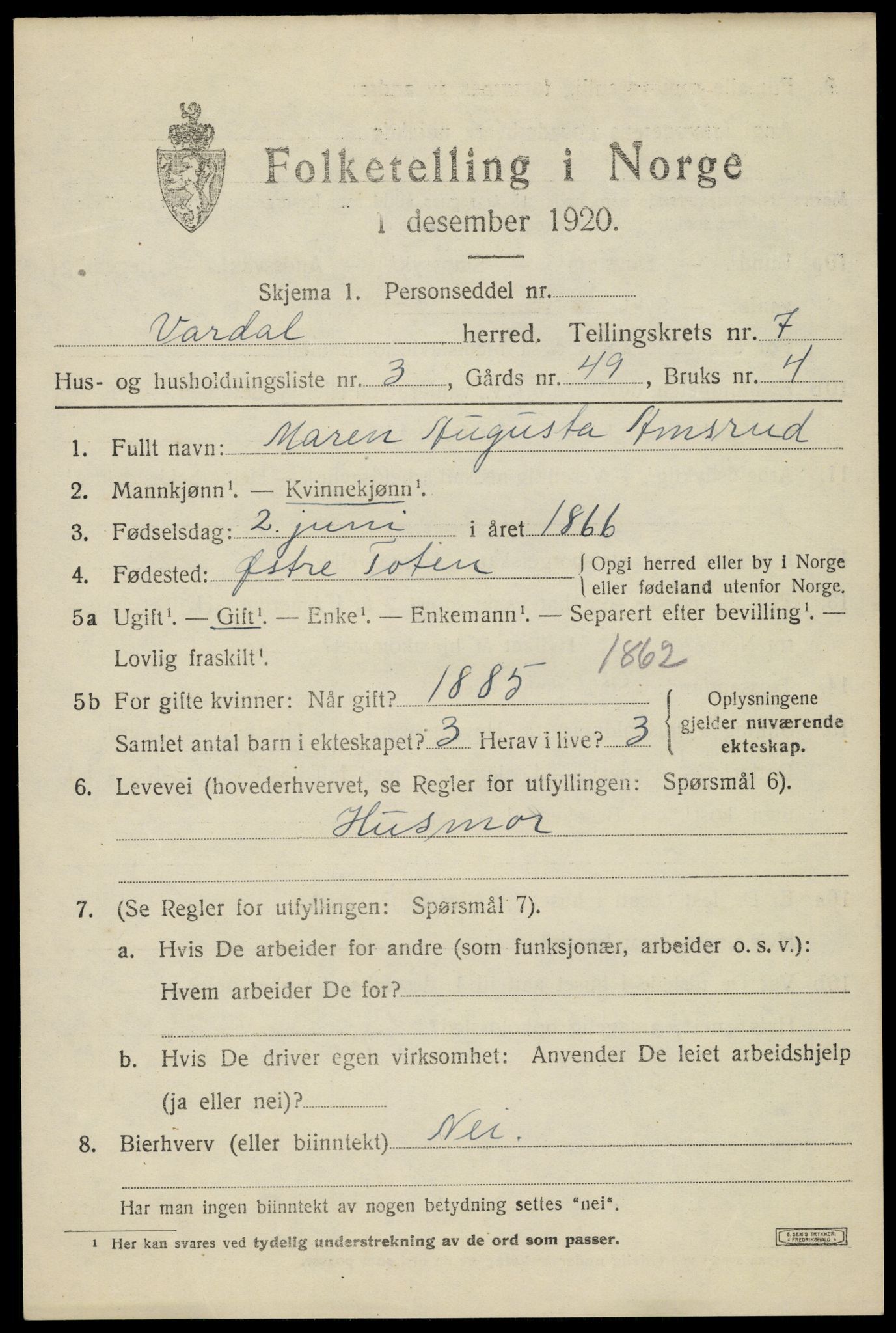 SAH, 1920 census for Vardal, 1920, p. 4873