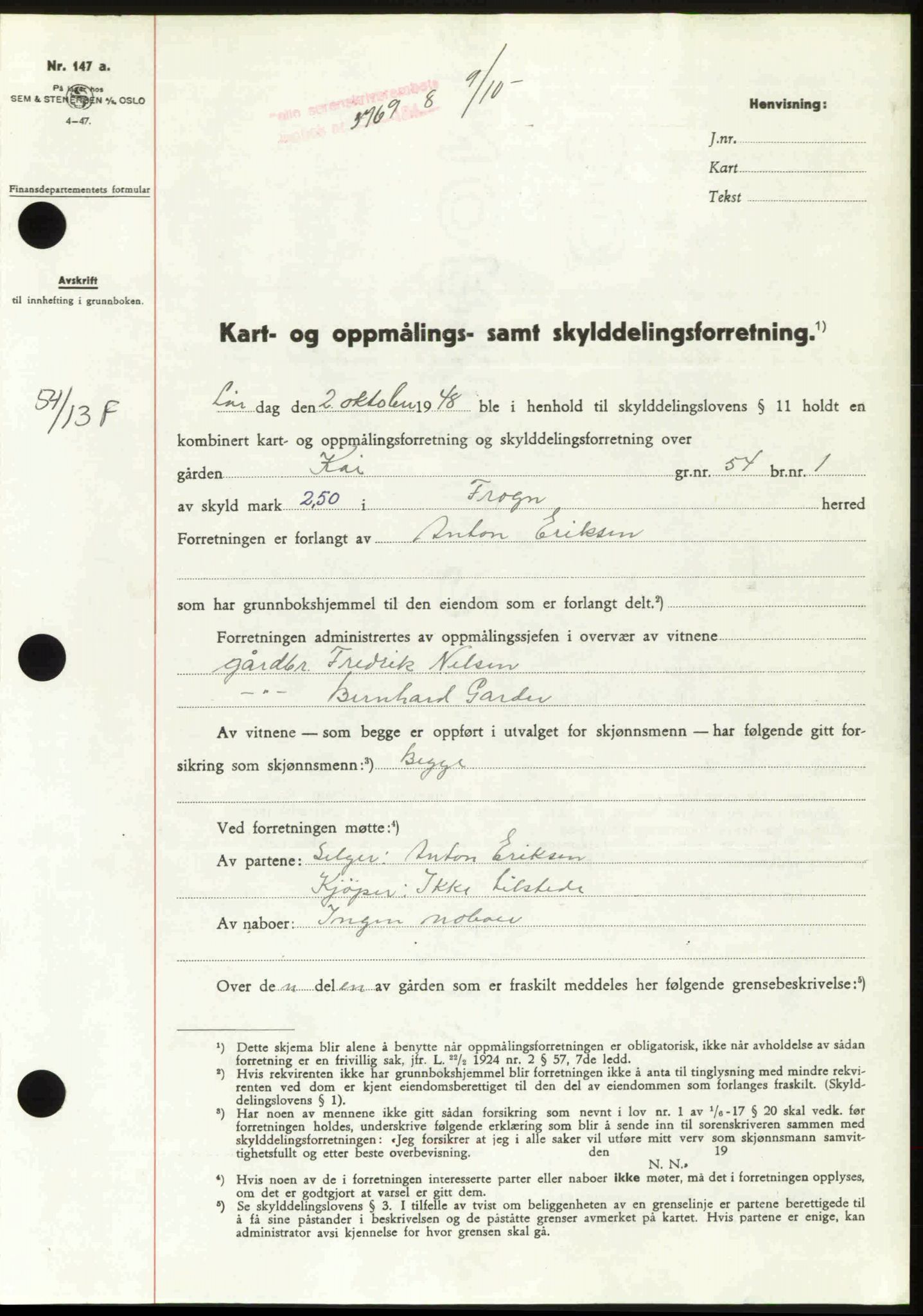 Follo sorenskriveri, SAO/A-10274/G/Ga/Gaa/L0085: Mortgage book no. I 85, 1948-1948, Diary no: : 3769/1948