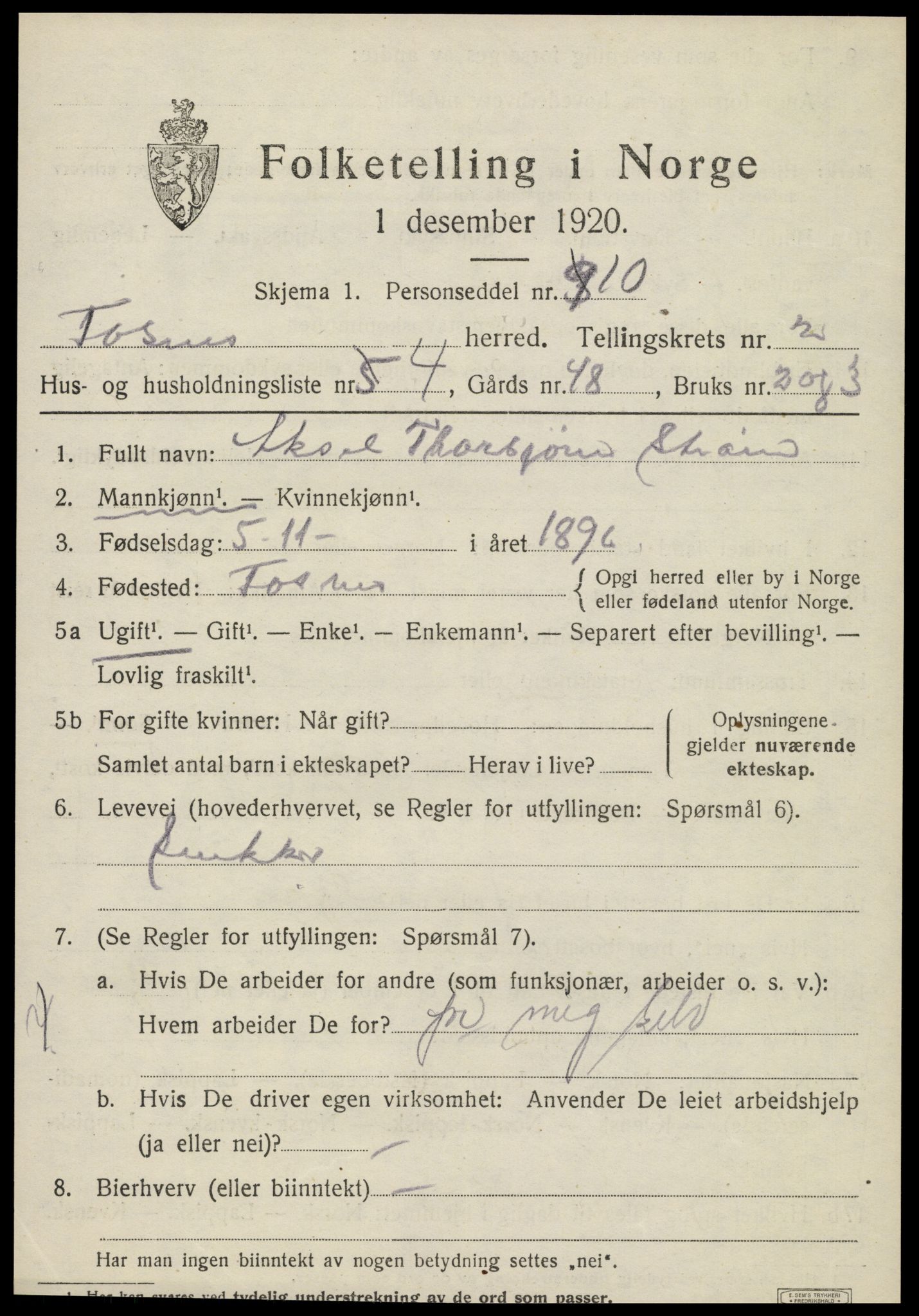 SAT, 1920 census for Fosnes, 1920, p. 715