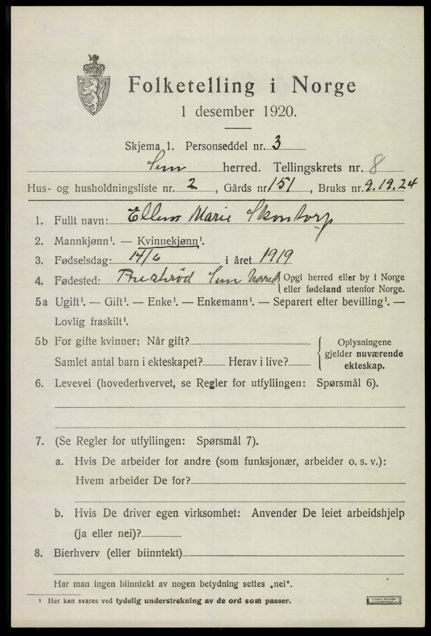 SAKO, 1920 census for Sem, 1920, p. 11207