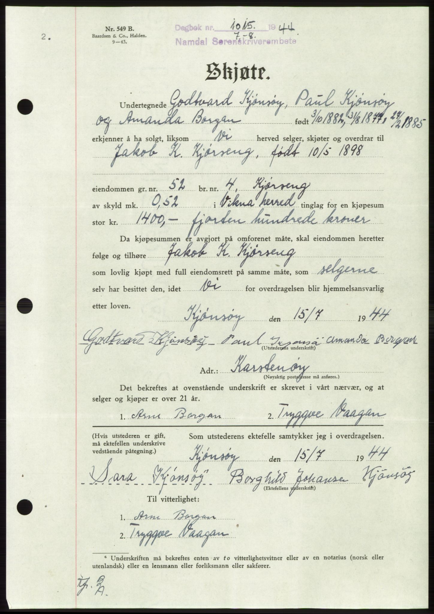 Namdal sorenskriveri, SAT/A-4133/1/2/2C: Mortgage book no. -, 1944-1945, Diary no: : 1015/1944