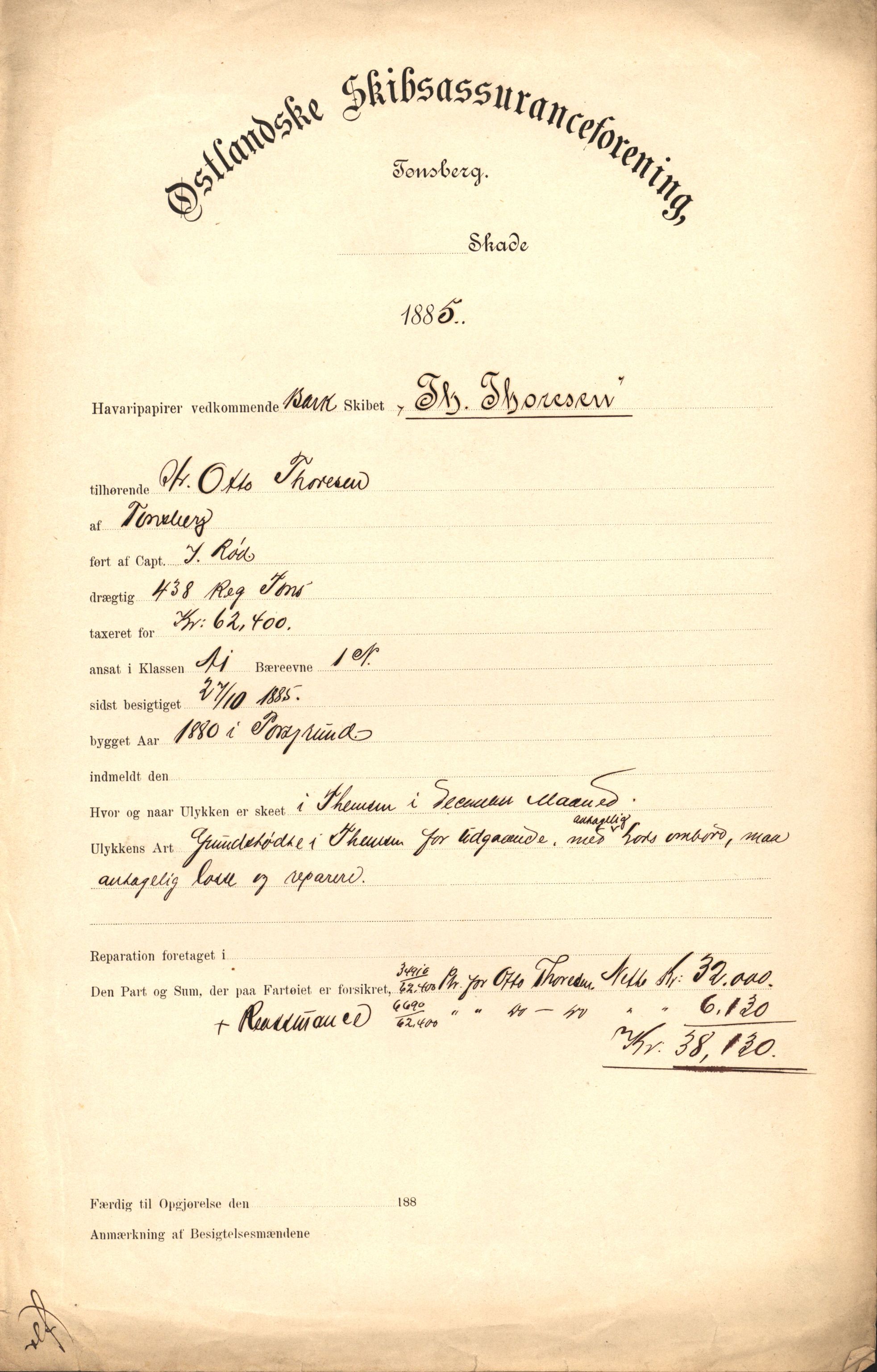 Pa 63 - Østlandske skibsassuranceforening, VEMU/A-1079/G/Ga/L0018/0011: Havaridokumenter / Bertha, Bonita, Immanuel, Th. Thoresen, India, 1885, p. 39