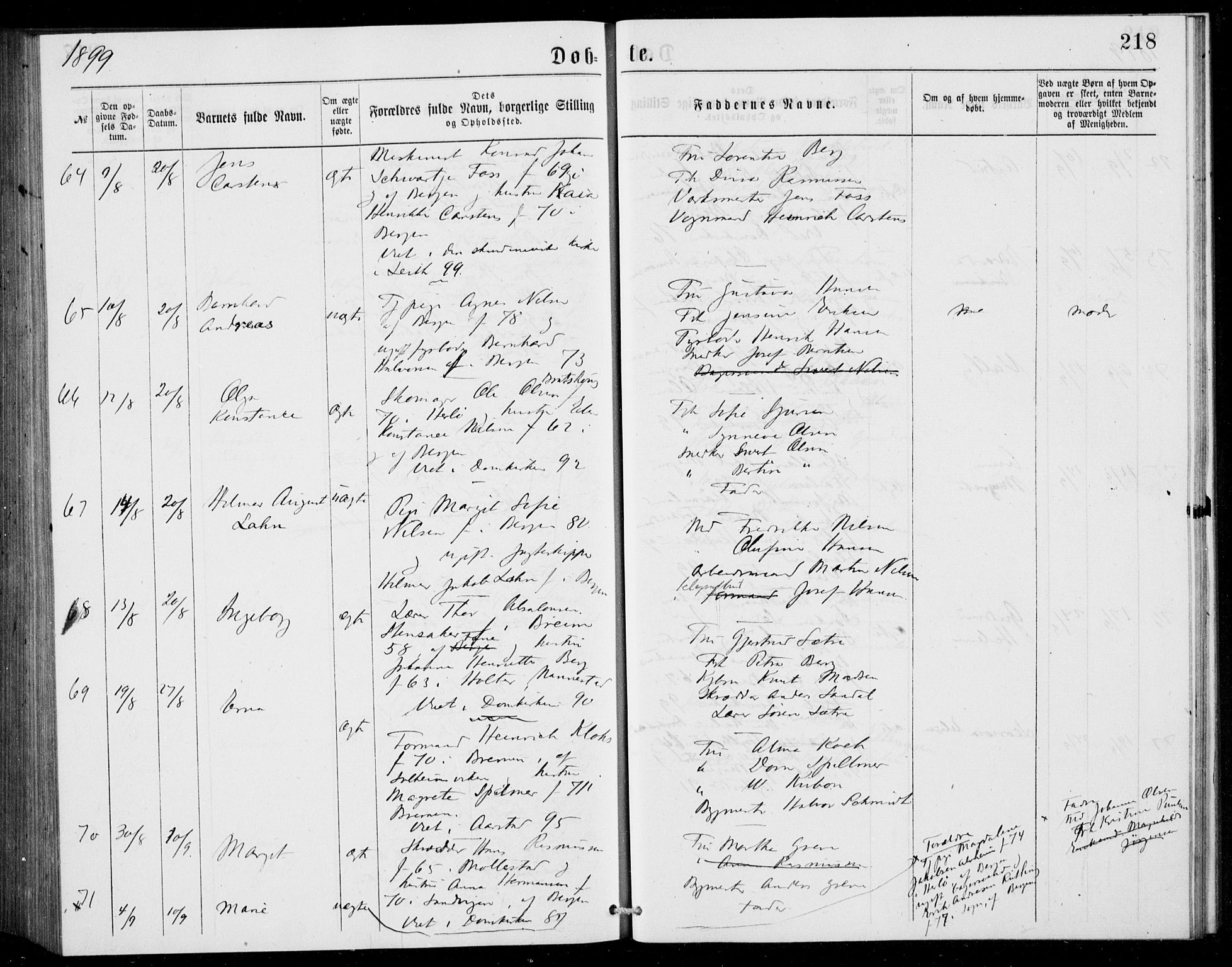 Fødselsstiftelsens sokneprestembete, ført av overlegen*, SAB/-: Parish register (official) no. A 2, 1884-1900, p. 218