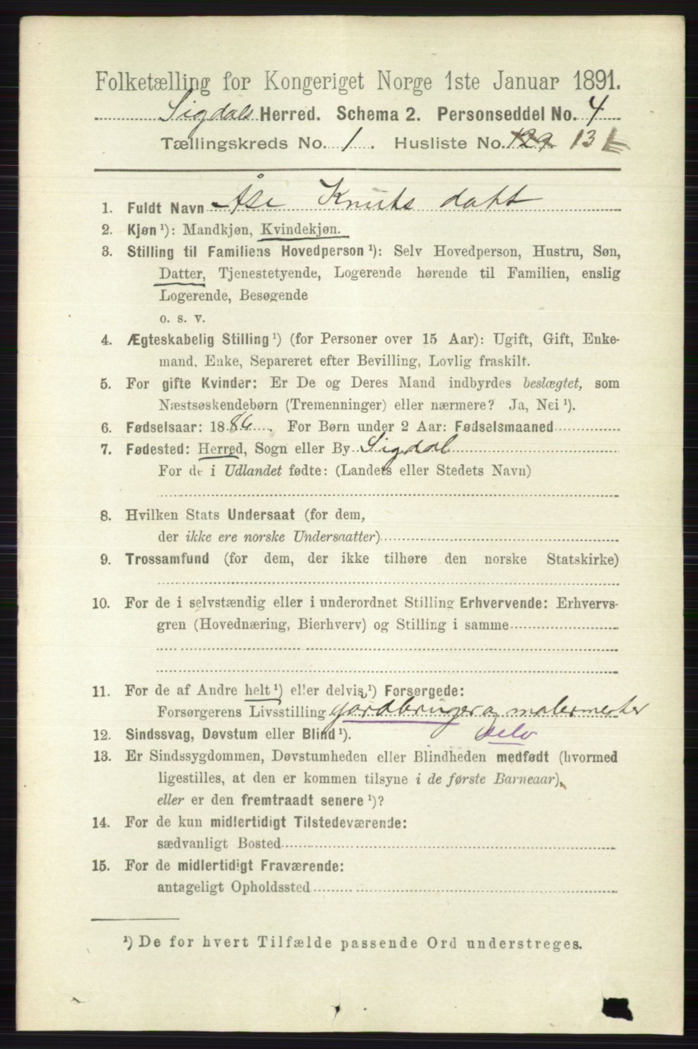 RA, 1891 census for 0621 Sigdal, 1891, p. 885