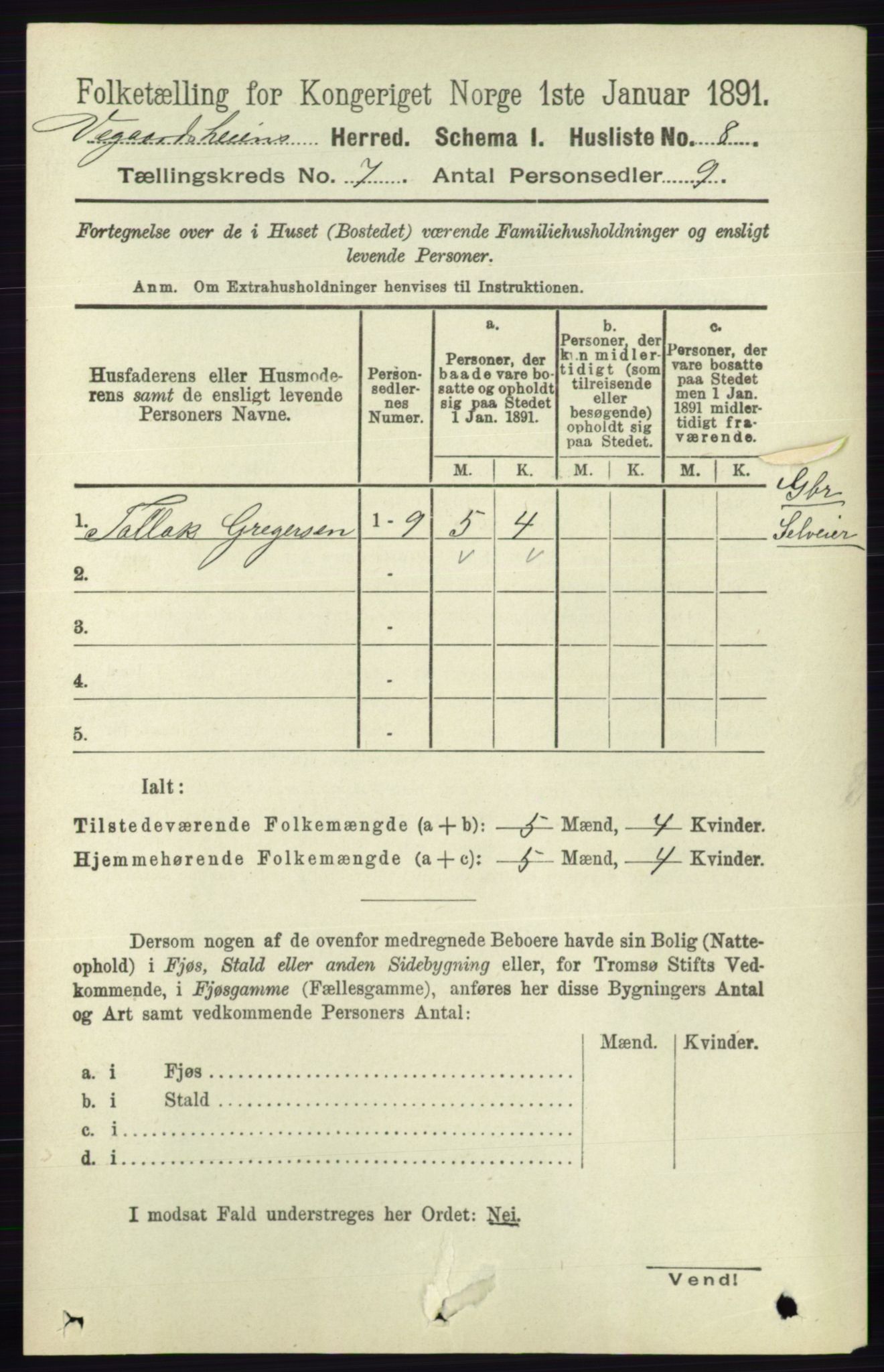 RA, 1891 census for 0912 Vegårshei, 1891, p. 1318