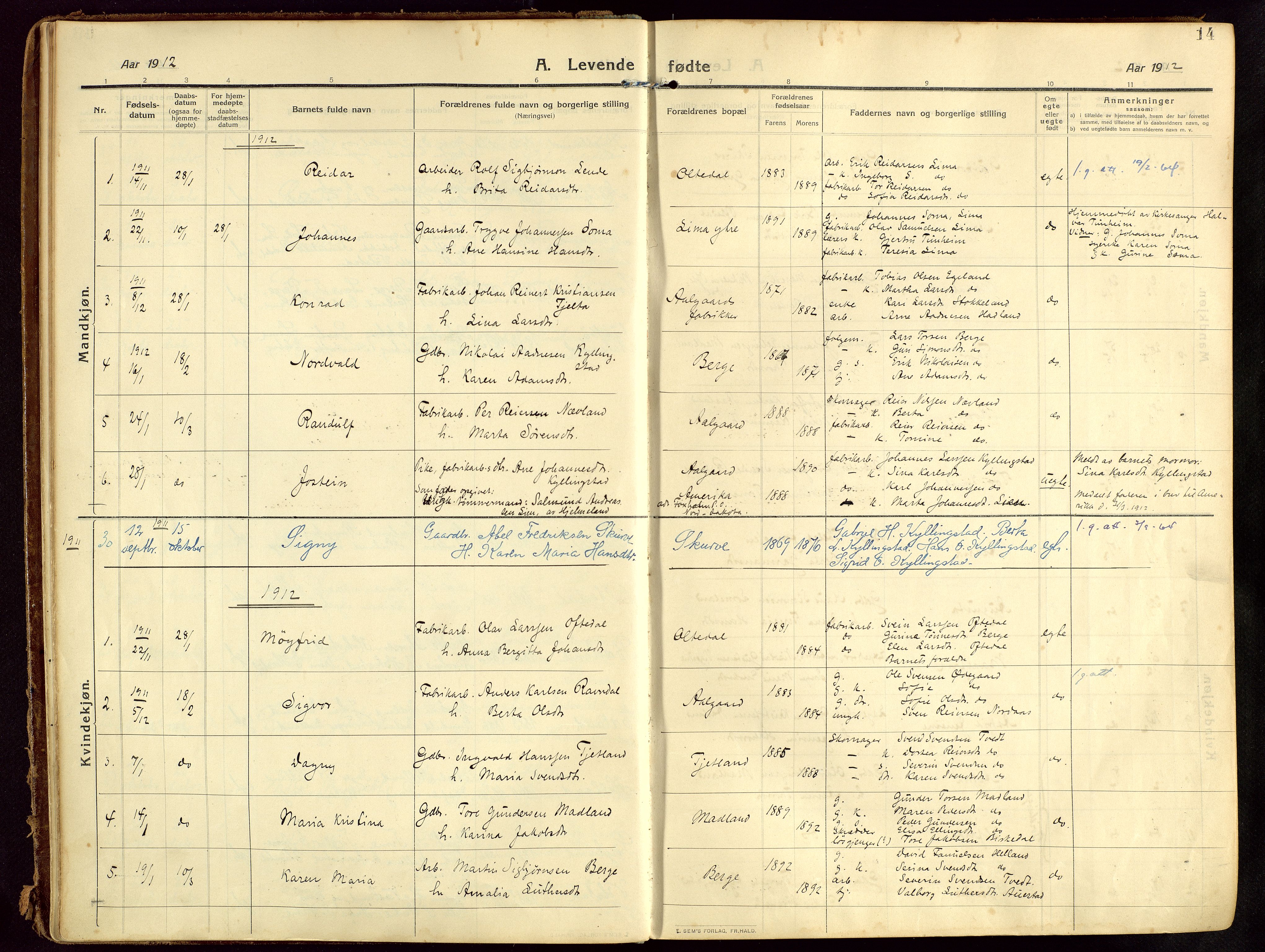 Lye sokneprestkontor, SAST/A-101794/002/B/L0001: Parish register (official) no. A 13, 1910-1925, p. 14