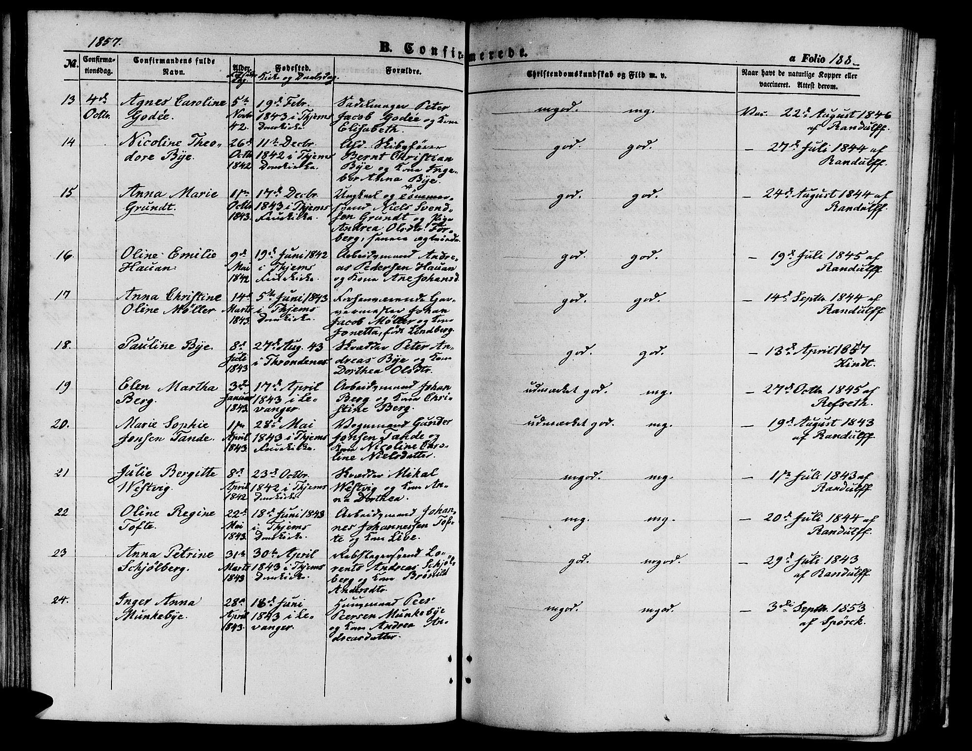 Ministerialprotokoller, klokkerbøker og fødselsregistre - Sør-Trøndelag, AV/SAT-A-1456/602/L0138: Parish register (copy) no. 602C06, 1853-1858, p. 188