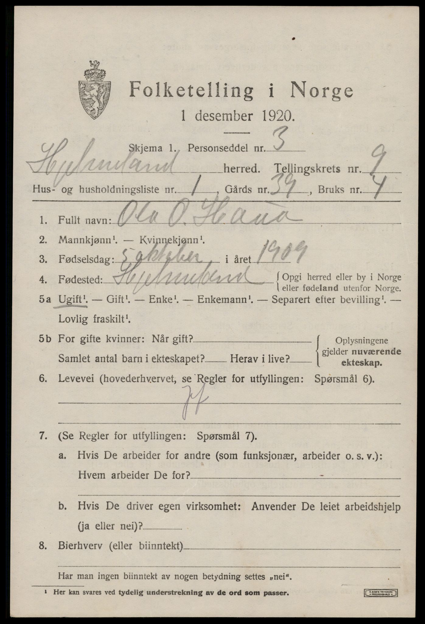 SAST, 1920 census for Hjelmeland, 1920, p. 2689