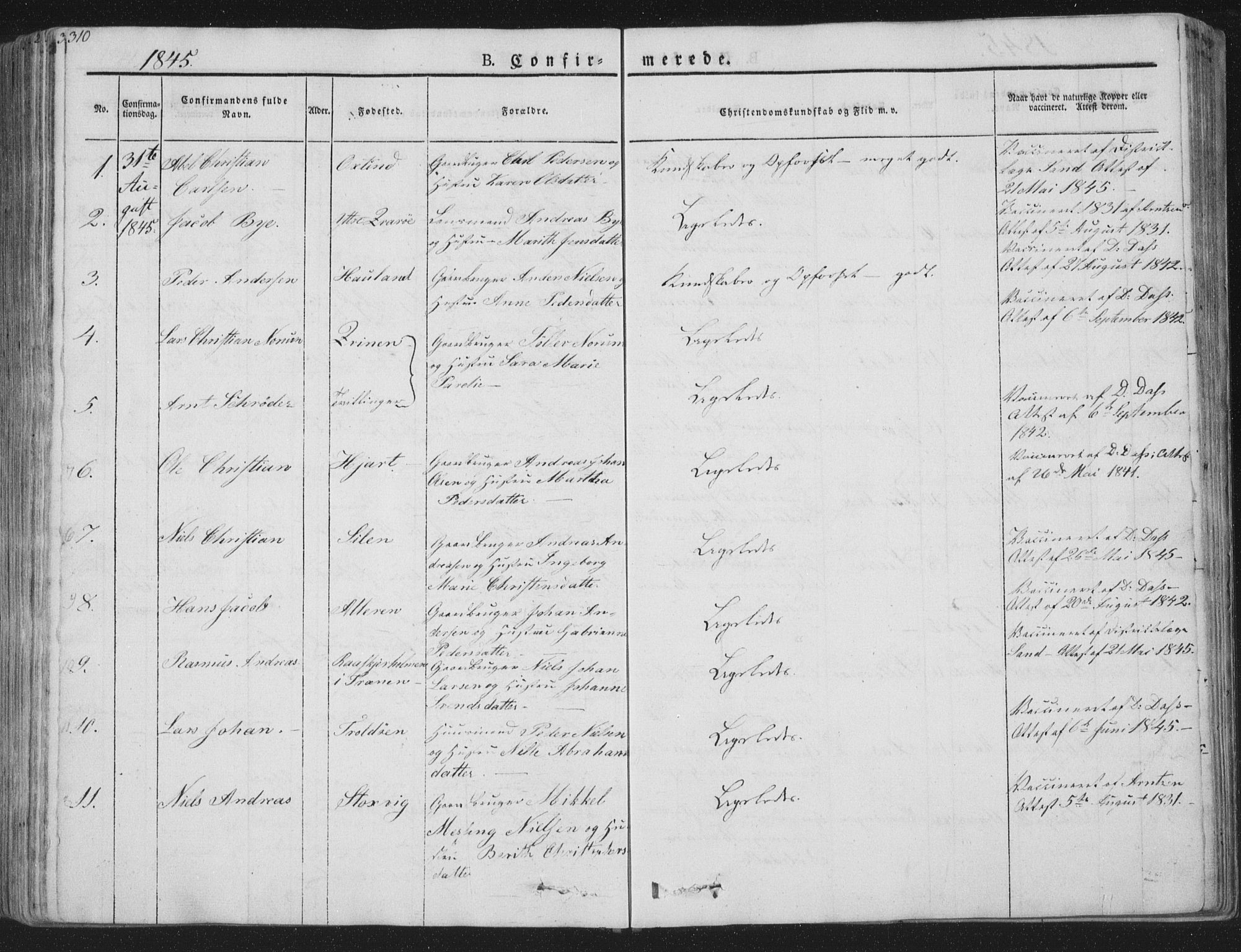 Ministerialprotokoller, klokkerbøker og fødselsregistre - Nordland, AV/SAT-A-1459/839/L0565: Parish register (official) no. 839A02, 1825-1862, p. 310