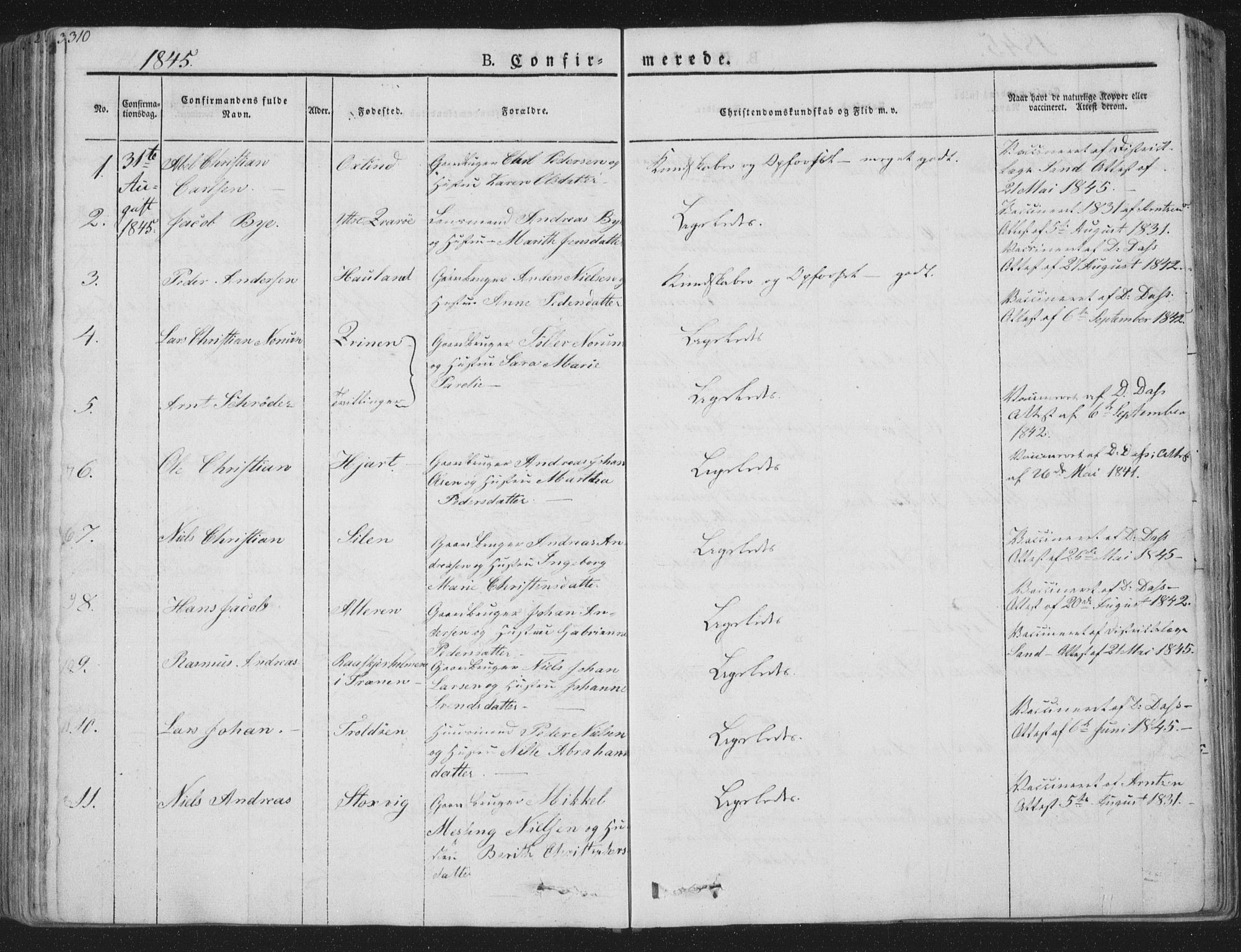 Ministerialprotokoller, klokkerbøker og fødselsregistre - Nordland, SAT/A-1459/839/L0565: Parish register (official) no. 839A02, 1825-1862, p. 310