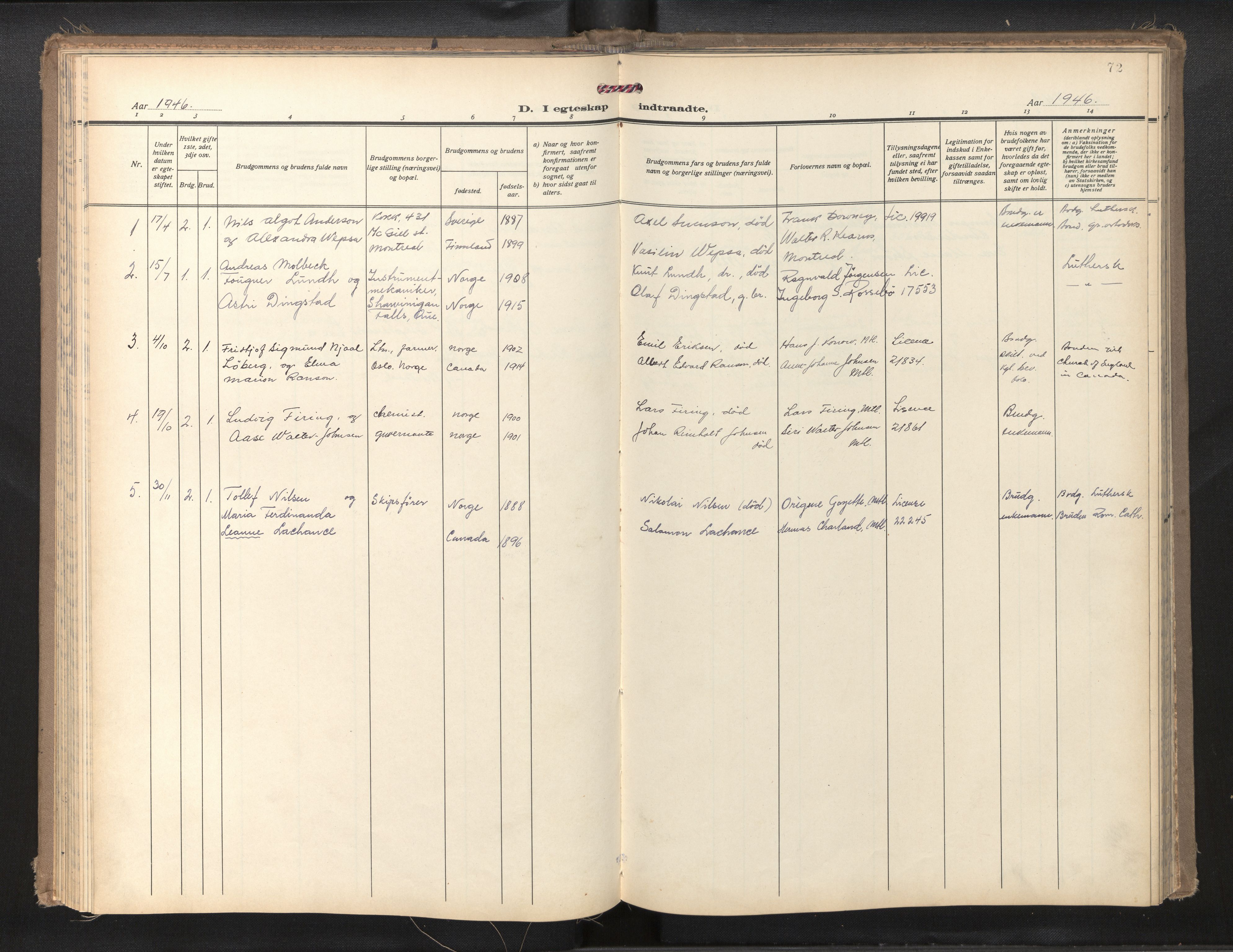 Den norske sjømannsmisjon i utlandet/Montreal-Halifax, SAB/SAB/PA-0116/H/Ha/L0001: Parish register (official) no. A 1, 1929-1960, p. 71b-72a