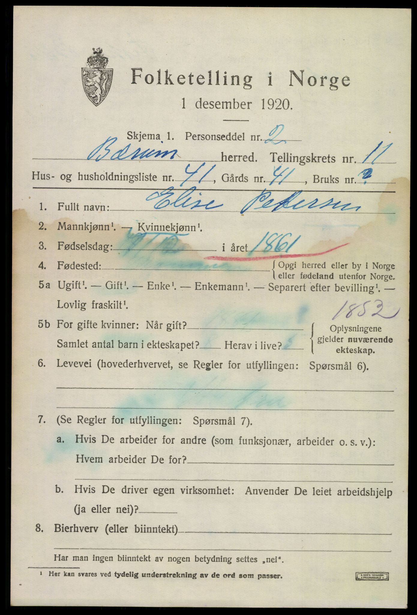 SAO, 1920 census for Bærum, 1920, p. 25164