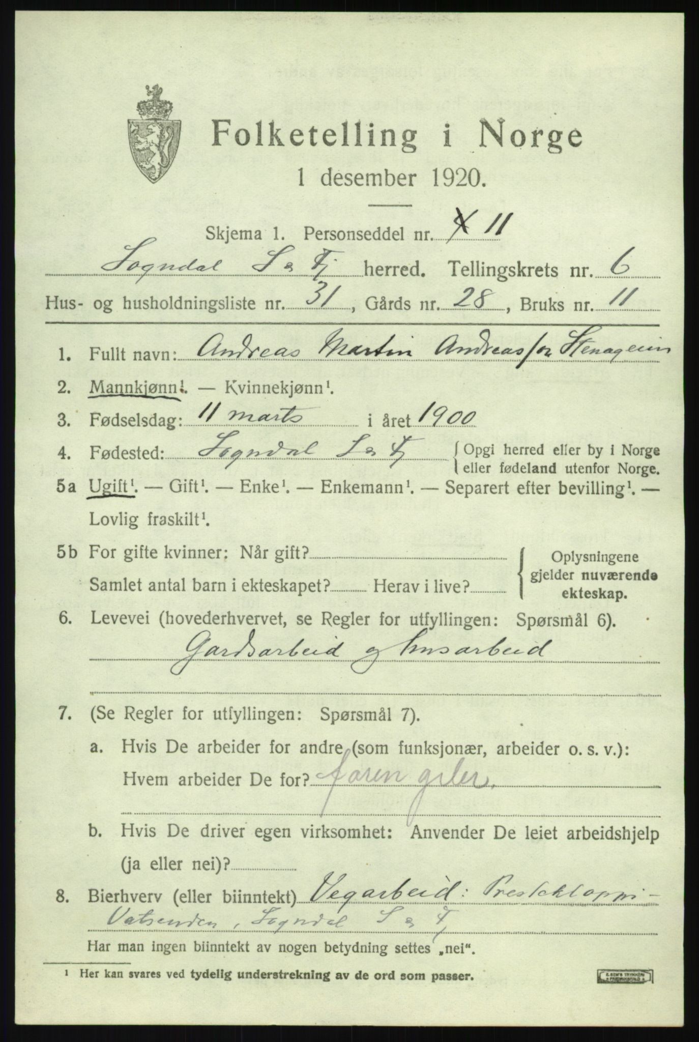 SAB, 1920 census for Sogndal, 1920, p. 3375