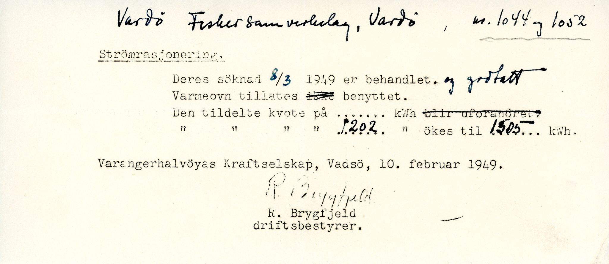 Vardø Fiskersamvirkelag, VAMU/A-0037/D/Da/L0008: Korrespondanse Tr-År, 1947-1950