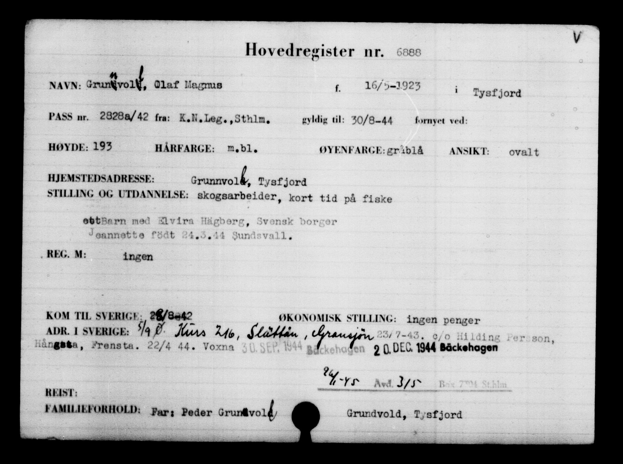 Utenriksstasjonene, Legasjonen i Stockholm, Flyktningkontoret, AV/RA-S-6753/V/Va/L0005: Kjesäterkartoteket, flyktninger med registreringsnr. 6600-9417, 1940-1945, p. 351