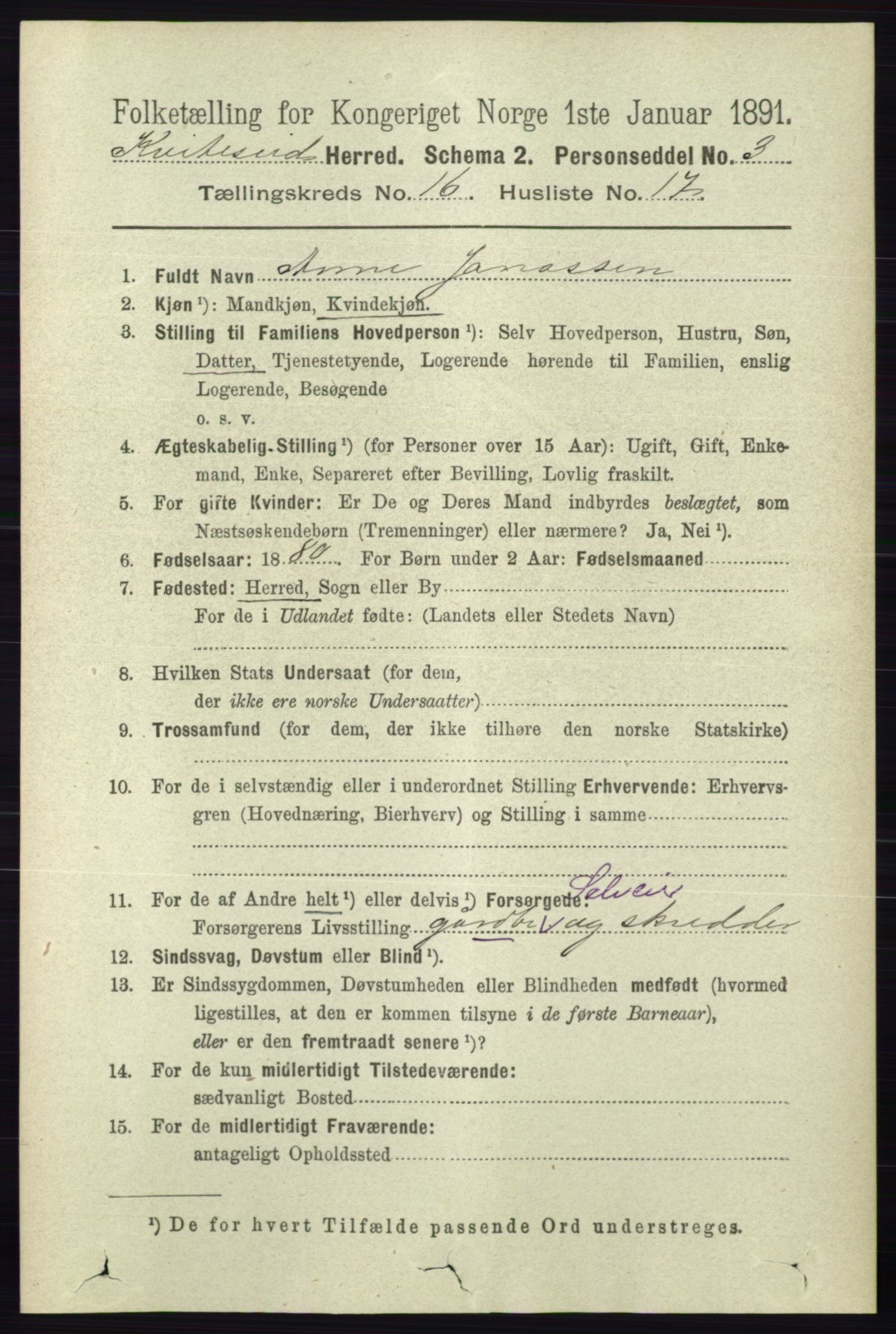 RA, 1891 census for 0829 Kviteseid, 1891, p. 3739