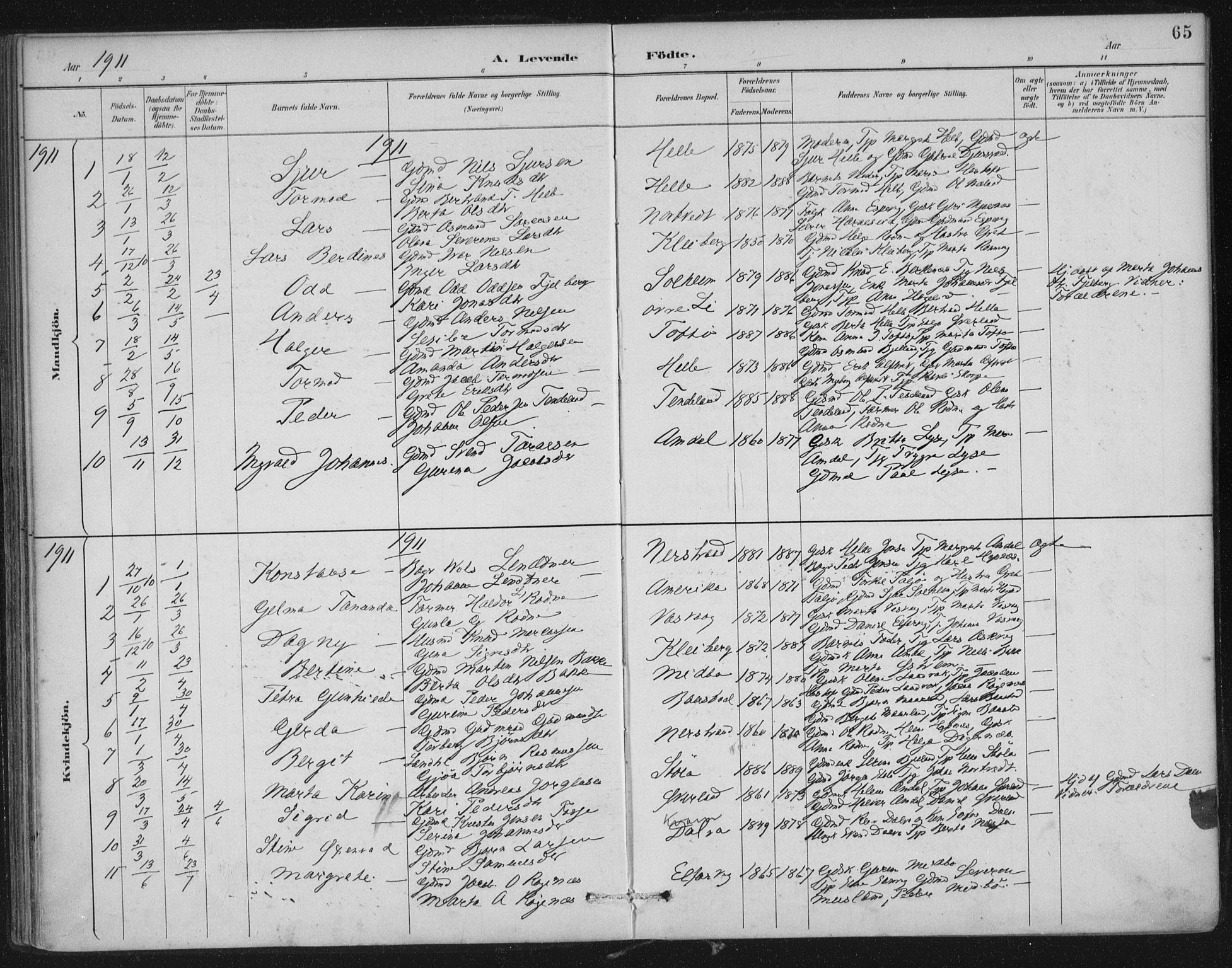 Nedstrand sokneprestkontor, SAST/A-101841/01/IV: Parish register (official) no. A 12, 1887-1915, p. 65