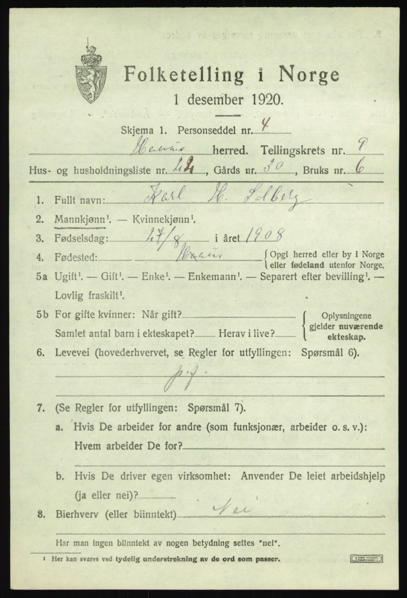 SAB, 1920 census for Haus, 1920, p. 5791