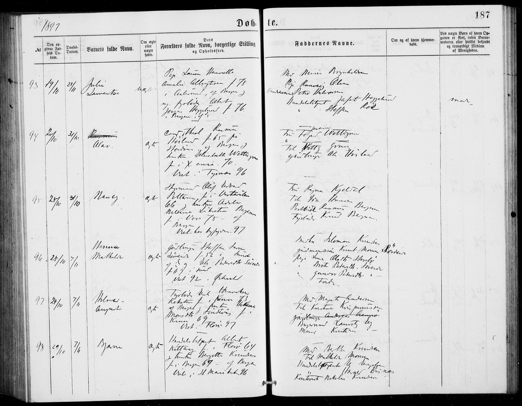 Fødselsstiftelsens sokneprestembete, ført av overlegen*, SAB/-: Parish register (official) no. A 2, 1884-1900, p. 187