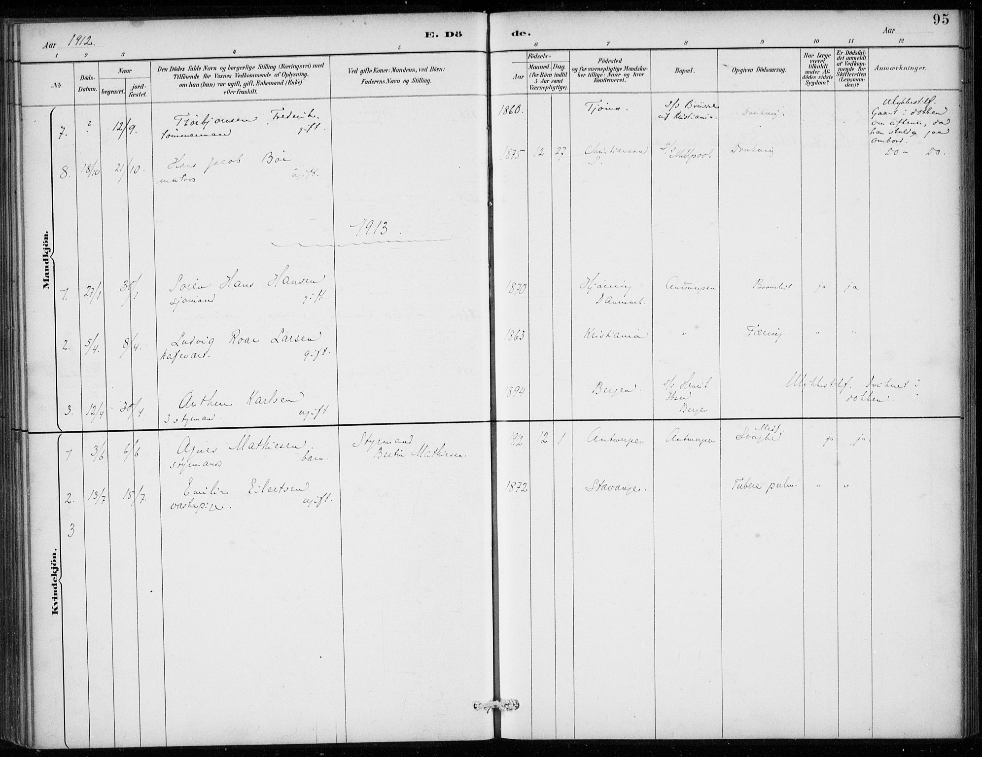 Den norske sjømannsmisjon i utlandet/Antwerpen, SAB/SAB/PA-0105/H/Ha/L0002: Parish register (official) no. A 2, 1887-1913, p. 95