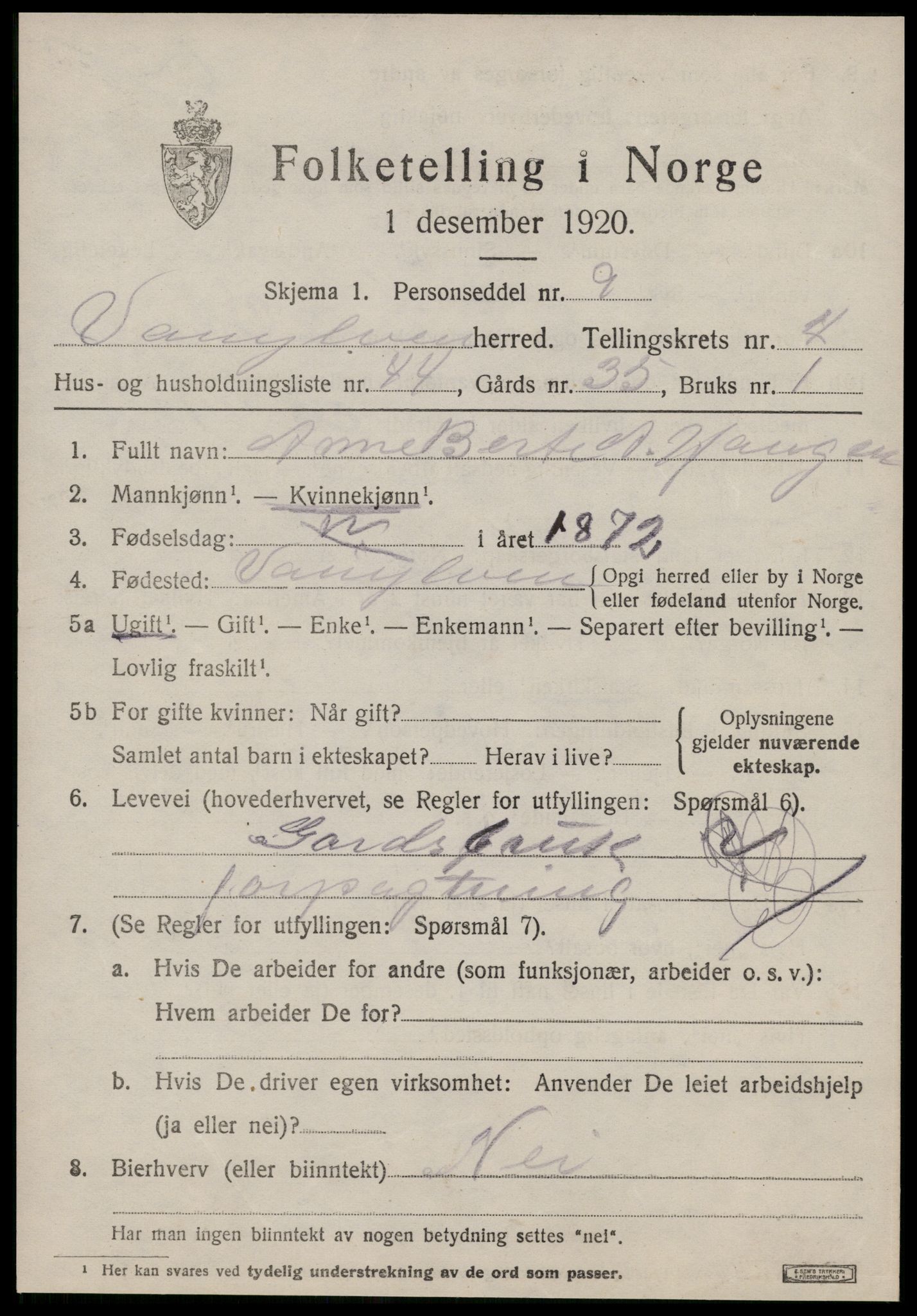 SAT, 1920 census for Vanylven, 1920, p. 2809