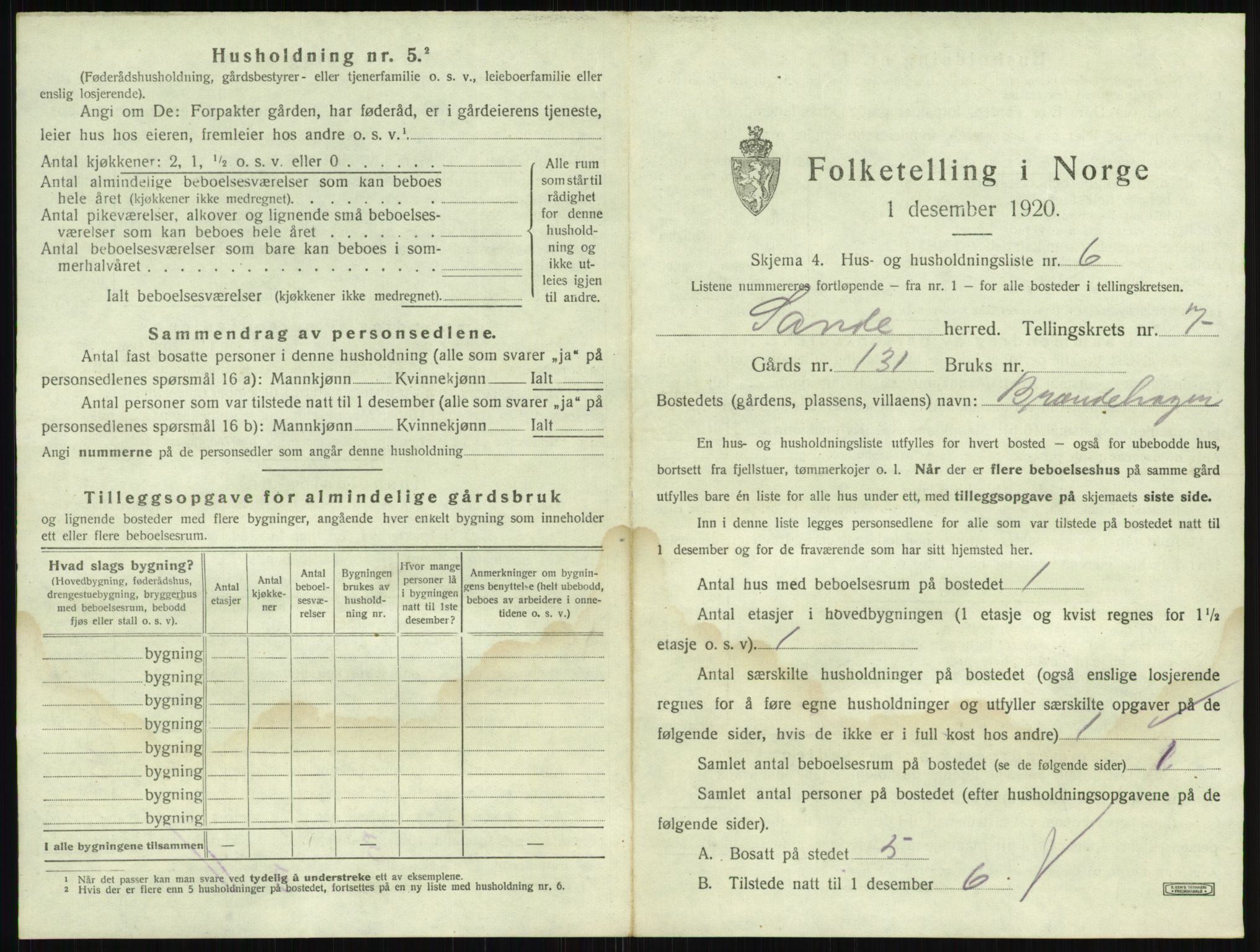 SAKO, 1920 census for Sande, 1920, p. 1223