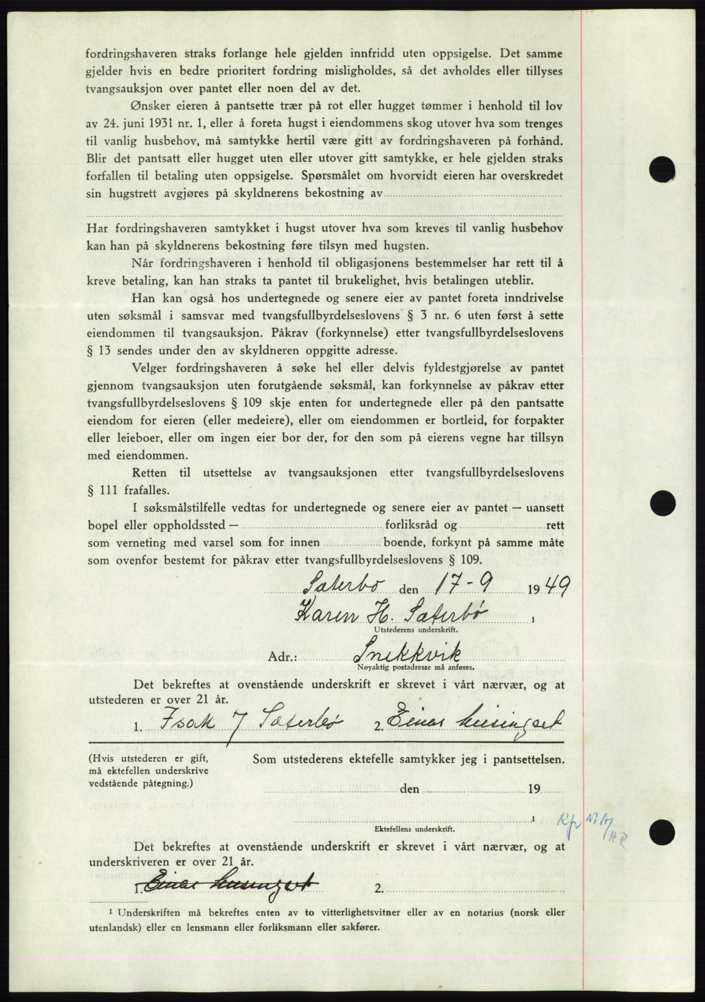 Nordmøre sorenskriveri, AV/SAT-A-4132/1/2/2Ca: Mortgage book no. B102, 1949-1949, Diary no: : 2654/1949