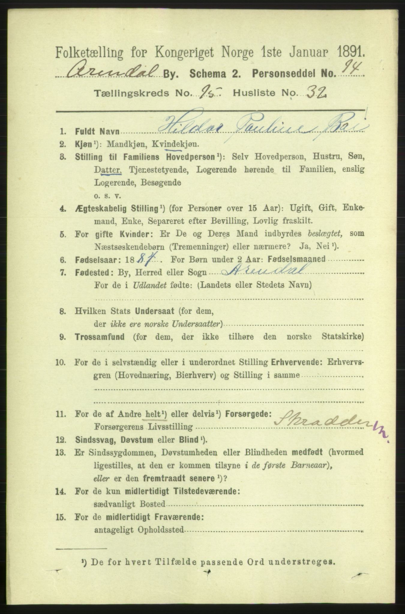 RA, 1891 census for 0903 Arendal, 1891, p. 5349