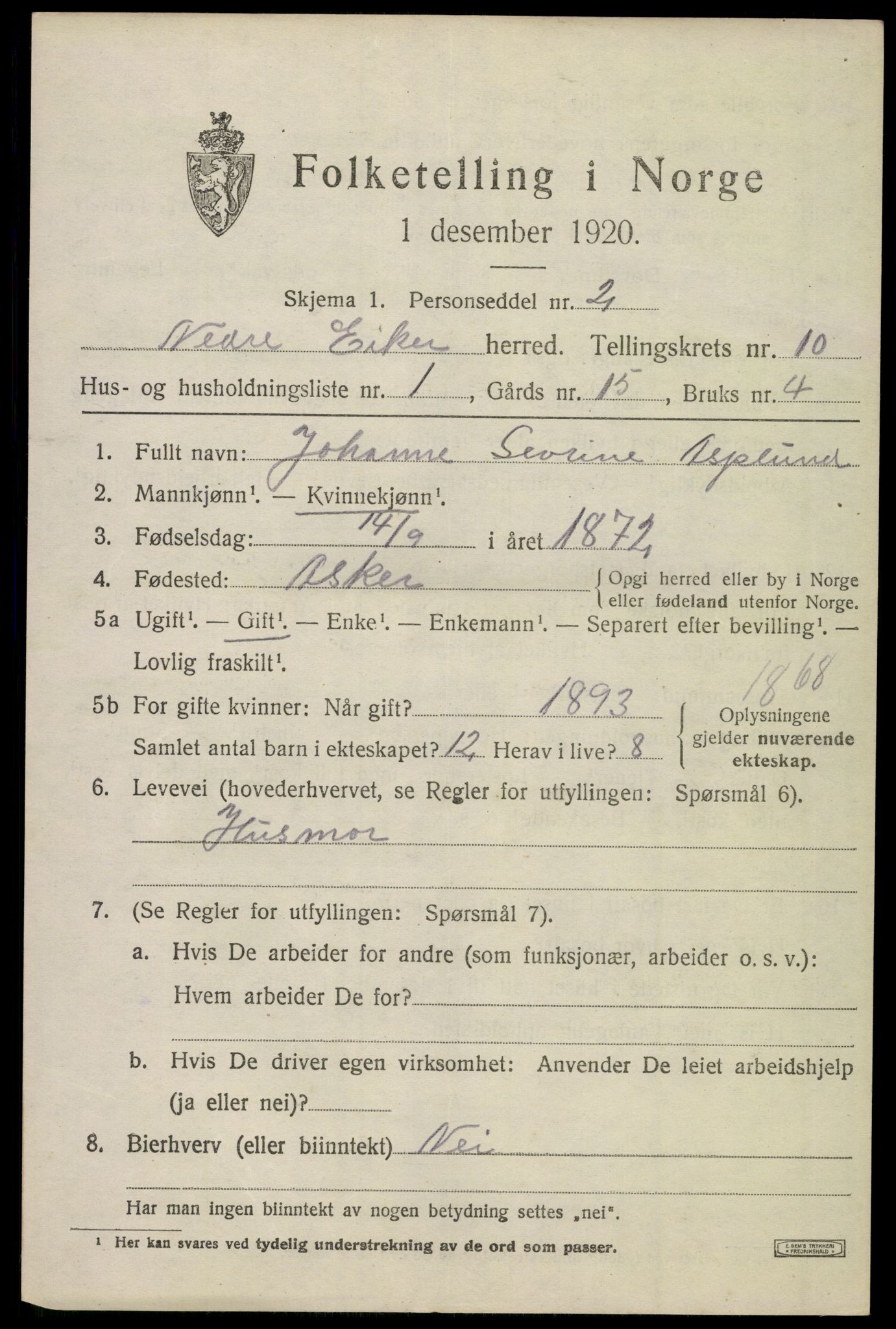 SAKO, 1920 census for Nedre Eiker, 1920, p. 9895