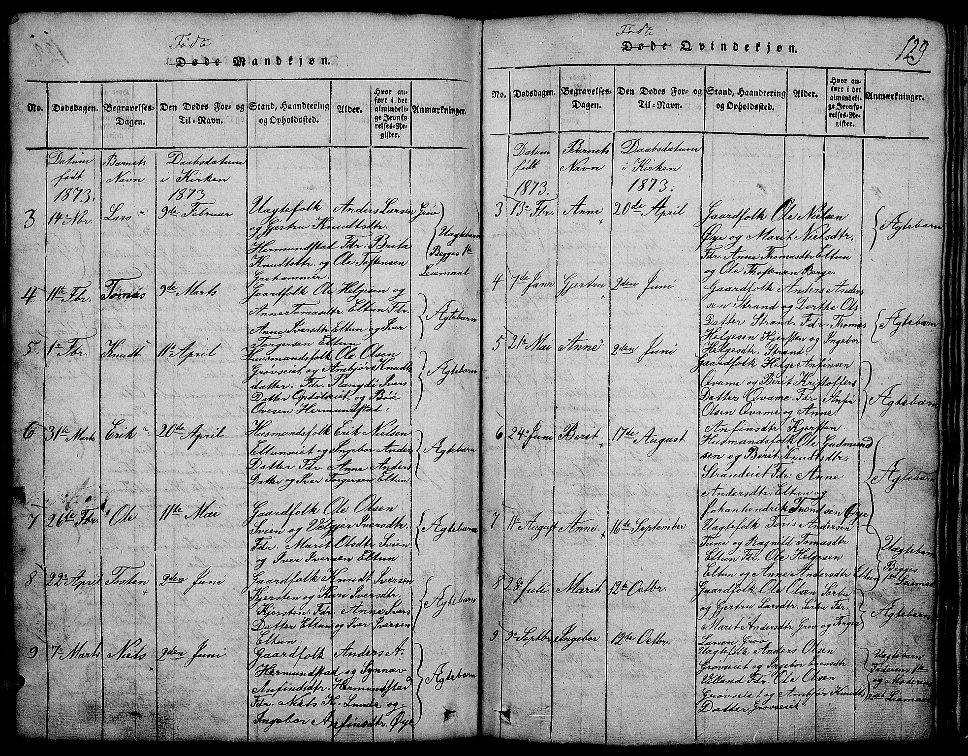 Vang prestekontor, Valdres, SAH/PREST-140/H/Hb/L0002: Parish register (copy) no. 2, 1814-1889, p. 129