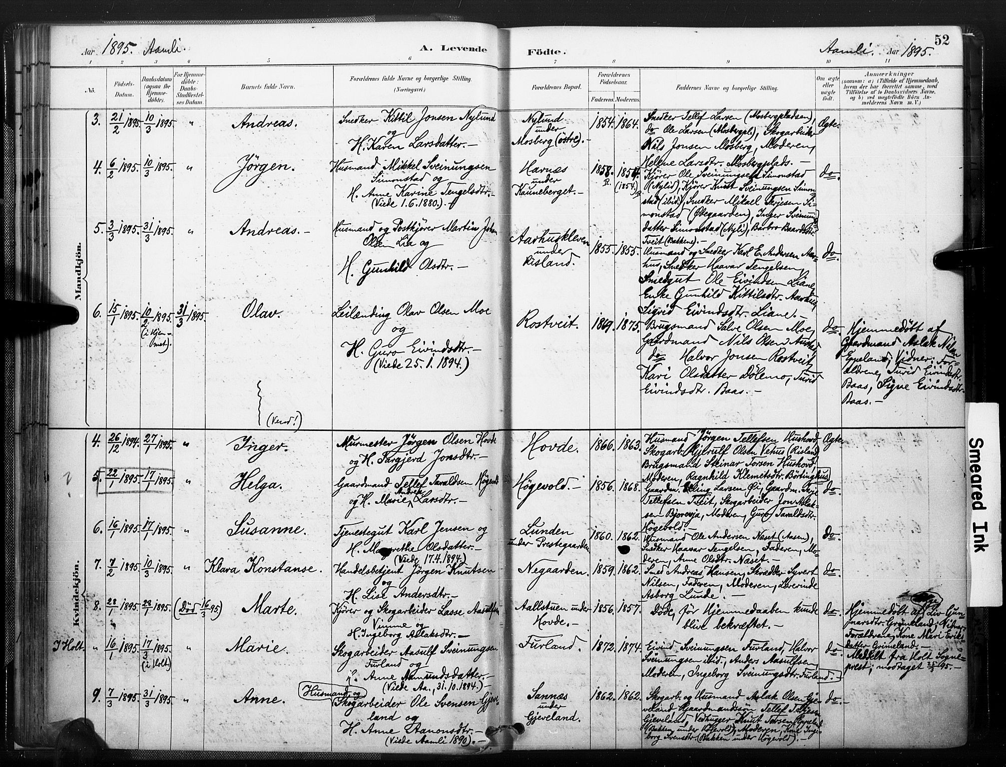 Åmli sokneprestkontor, AV/SAK-1111-0050/F/Fa/Fac/L0010: Parish register (official) no. A 10 /1, 1885-1899, p. 52