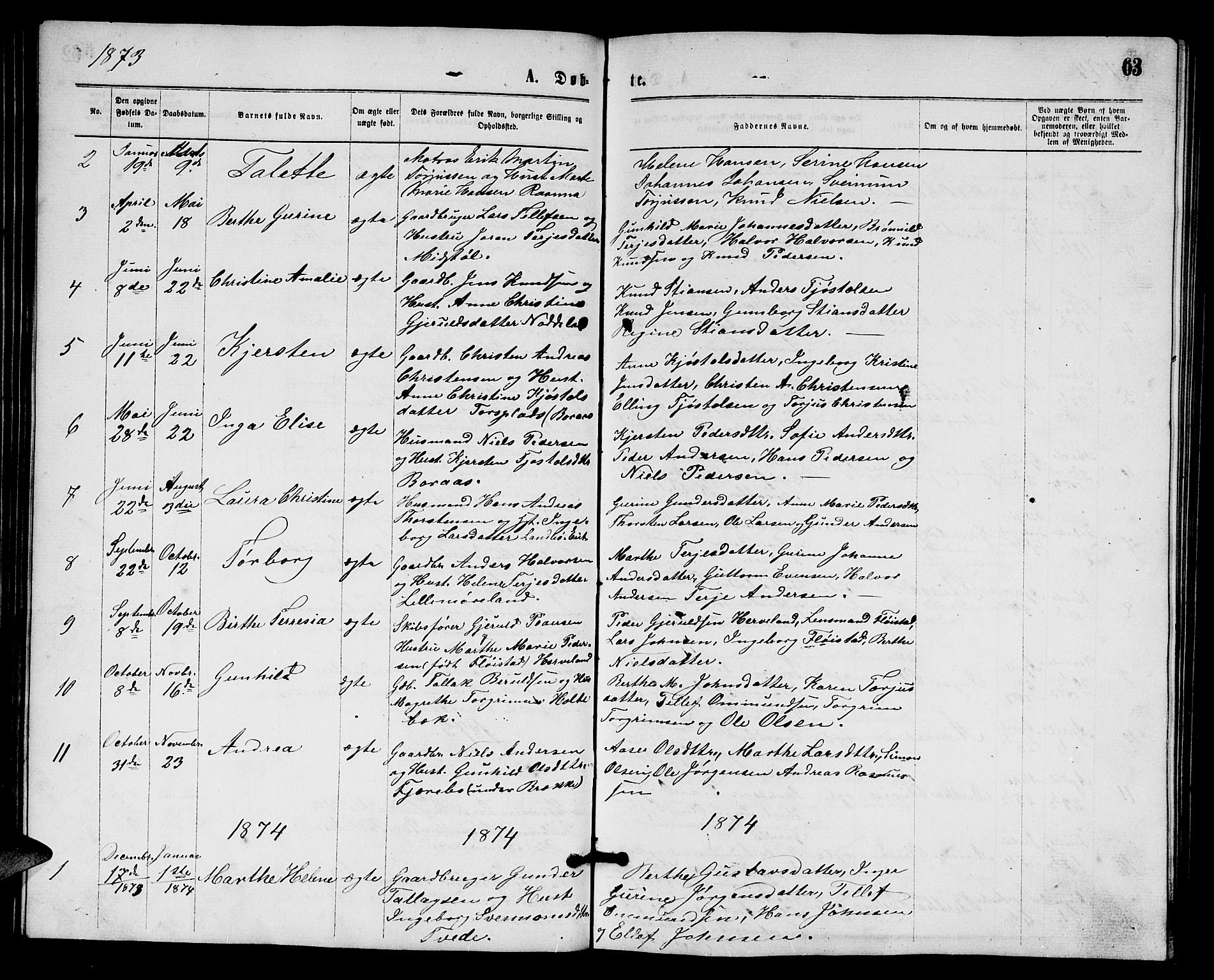Austre Moland sokneprestkontor, SAK/1111-0001/F/Fb/Fba/L0002: Parish register (copy) no. B 2, 1869-1879, p. 63