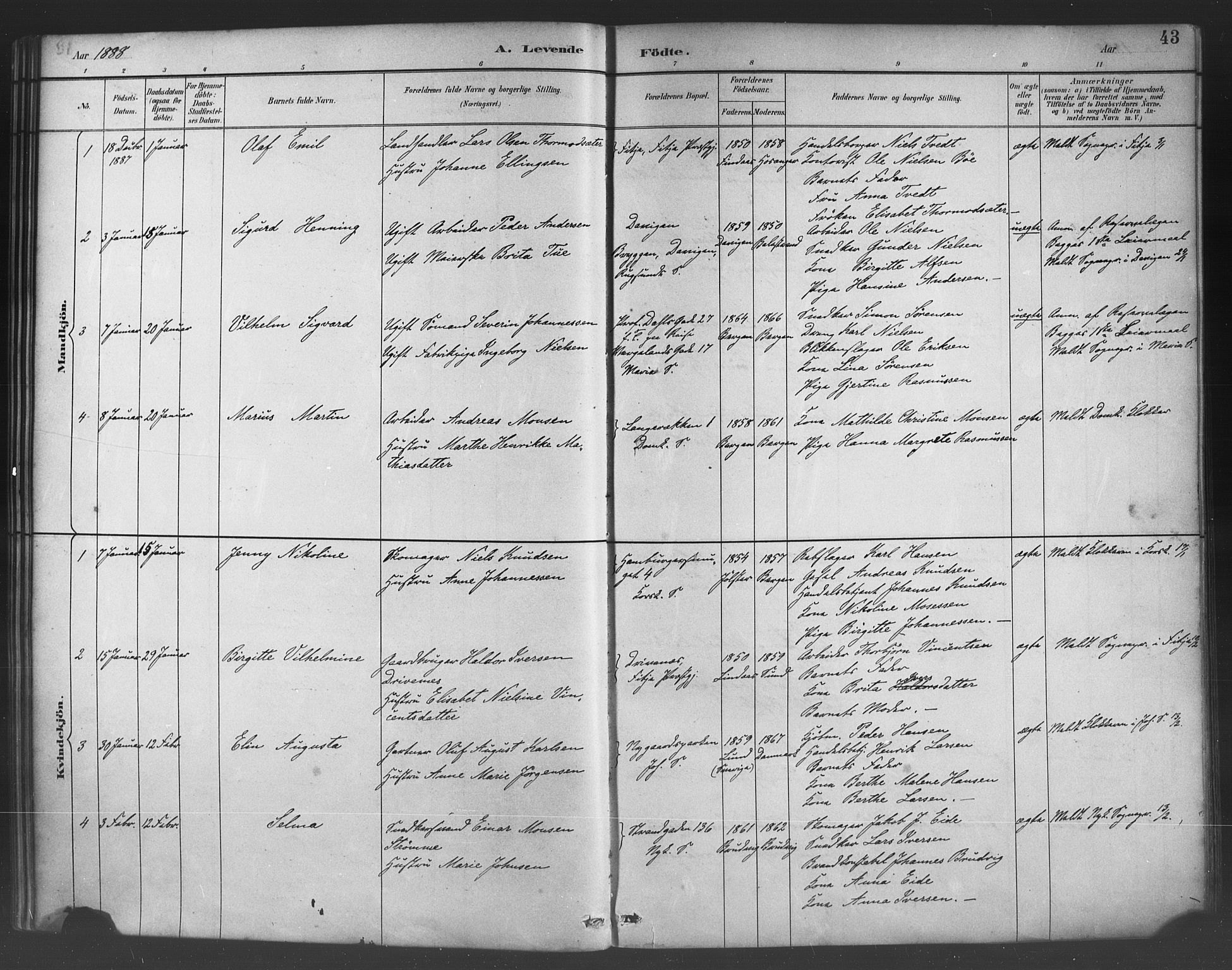Fødselsstiftelsens sokneprestembete*, SAB/-: Parish register (official) no. A 2, 1884-1900, p. 43