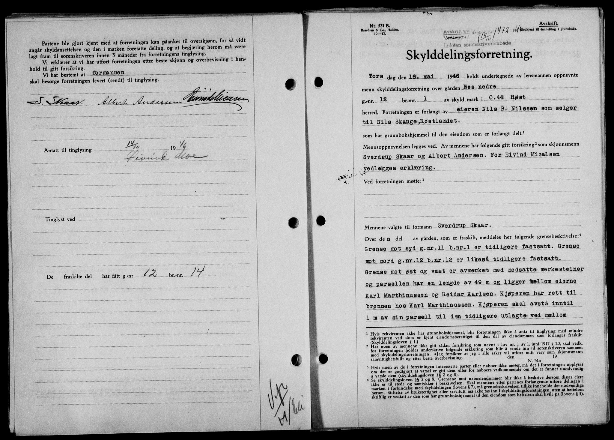 Lofoten sorenskriveri, SAT/A-0017/1/2/2C/L0014a: Mortgage book no. 14a, 1946-1946, Diary no: : 1472/1946