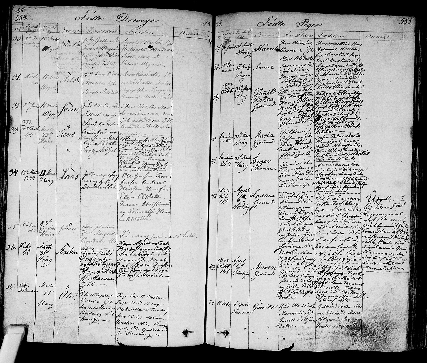 Norderhov kirkebøker, AV/SAKO-A-237/F/Fa/L0009: Parish register (official) no. 9, 1819-1837, p. 554-555