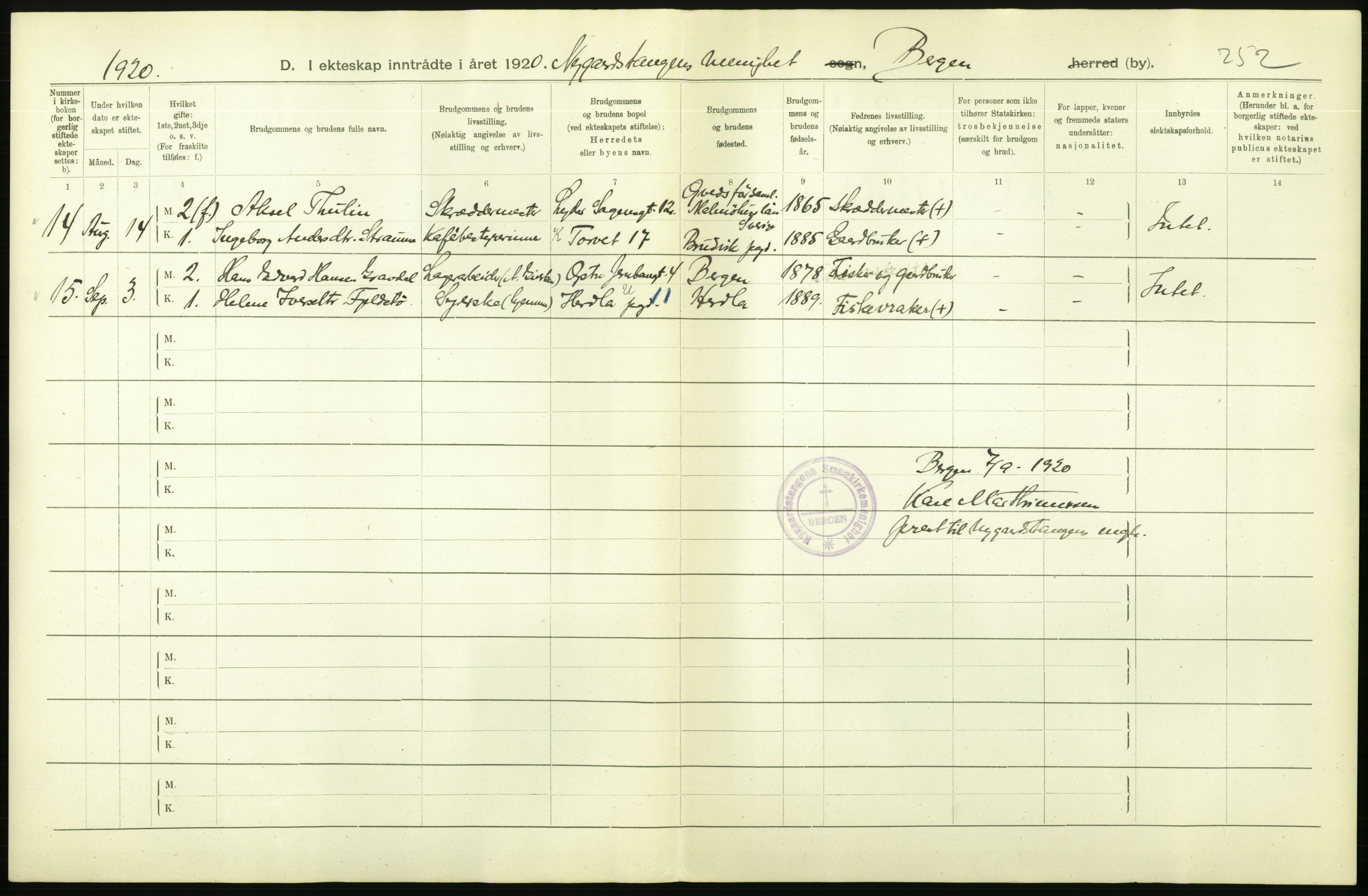 Statistisk sentralbyrå, Sosiodemografiske emner, Befolkning, AV/RA-S-2228/D/Df/Dfb/Dfbj/L0042: Bergen: Gifte, døde, dødfødte., 1920, p. 12