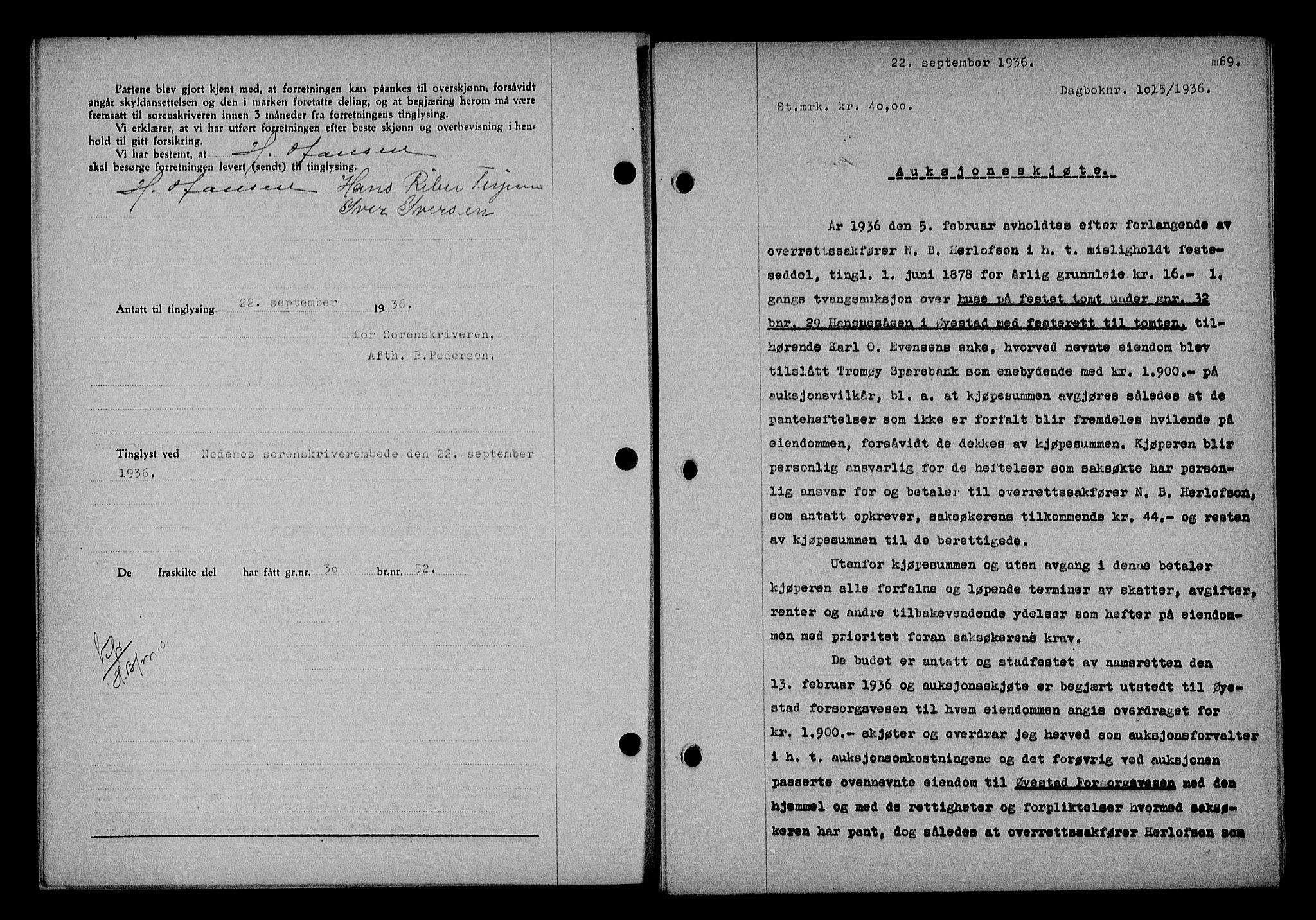 Nedenes sorenskriveri, SAK/1221-0006/G/Gb/Gba/L0043: Mortgage book no. 39, 1936-1937, Diary no: : 1015/1936