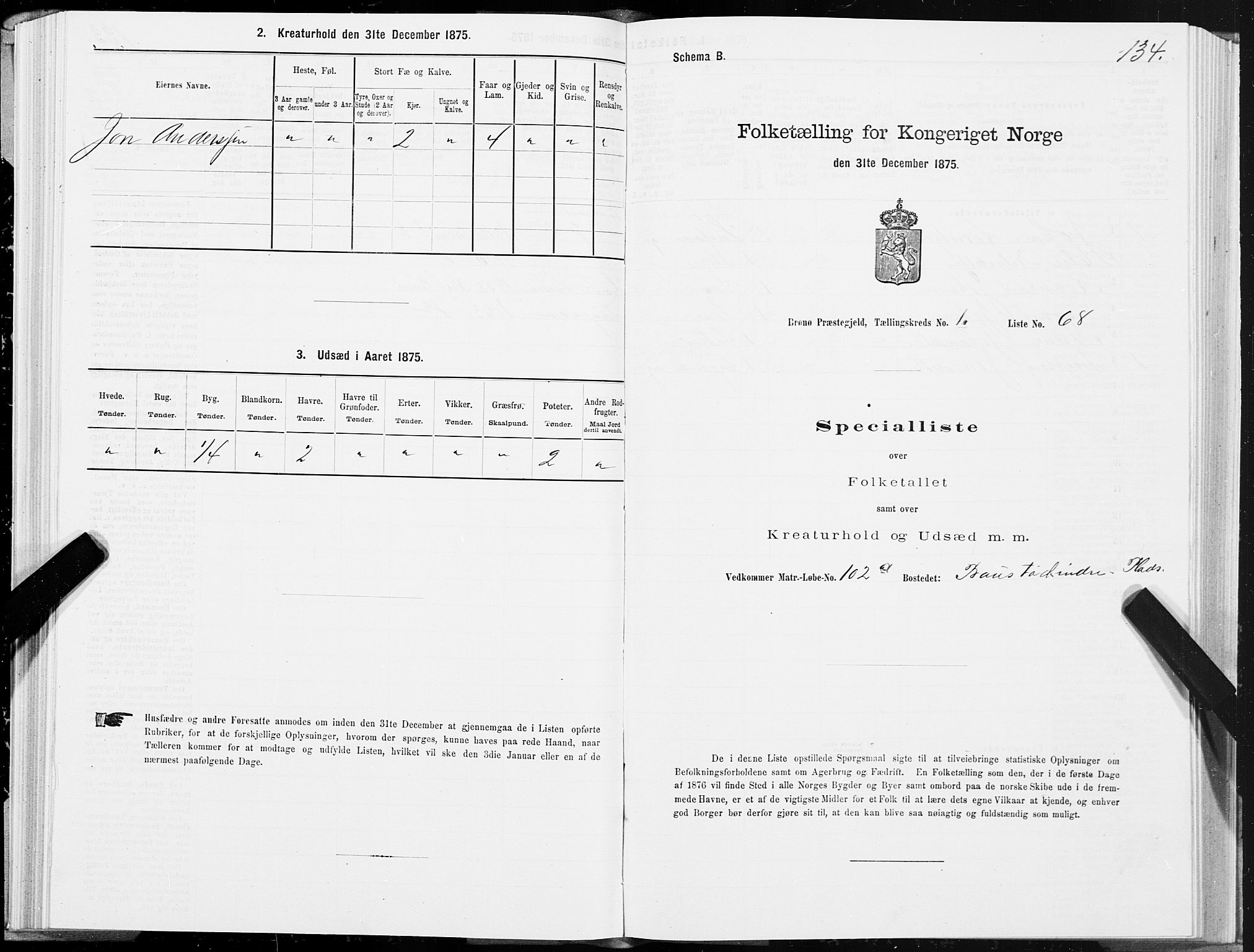 SAT, 1875 census for 1814P Brønnøy, 1875, p. 1134