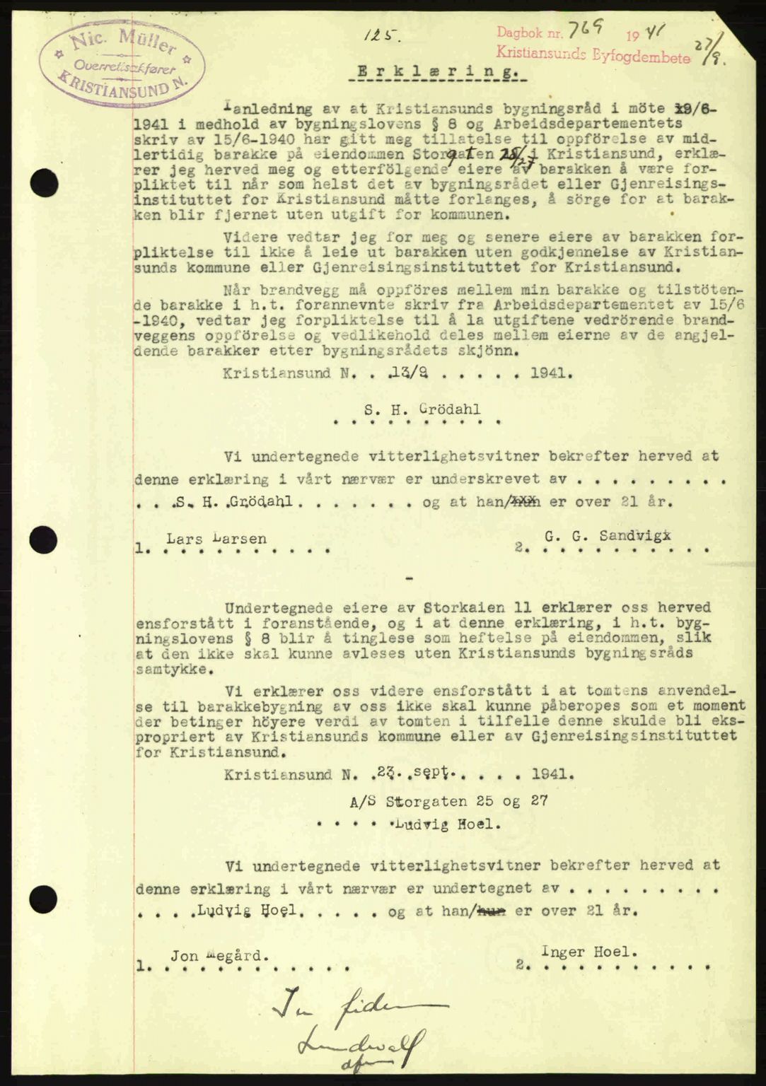 Kristiansund byfogd, AV/SAT-A-4587/A/27: Mortgage book no. 35, 1941-1942, Diary no: : 769/1941