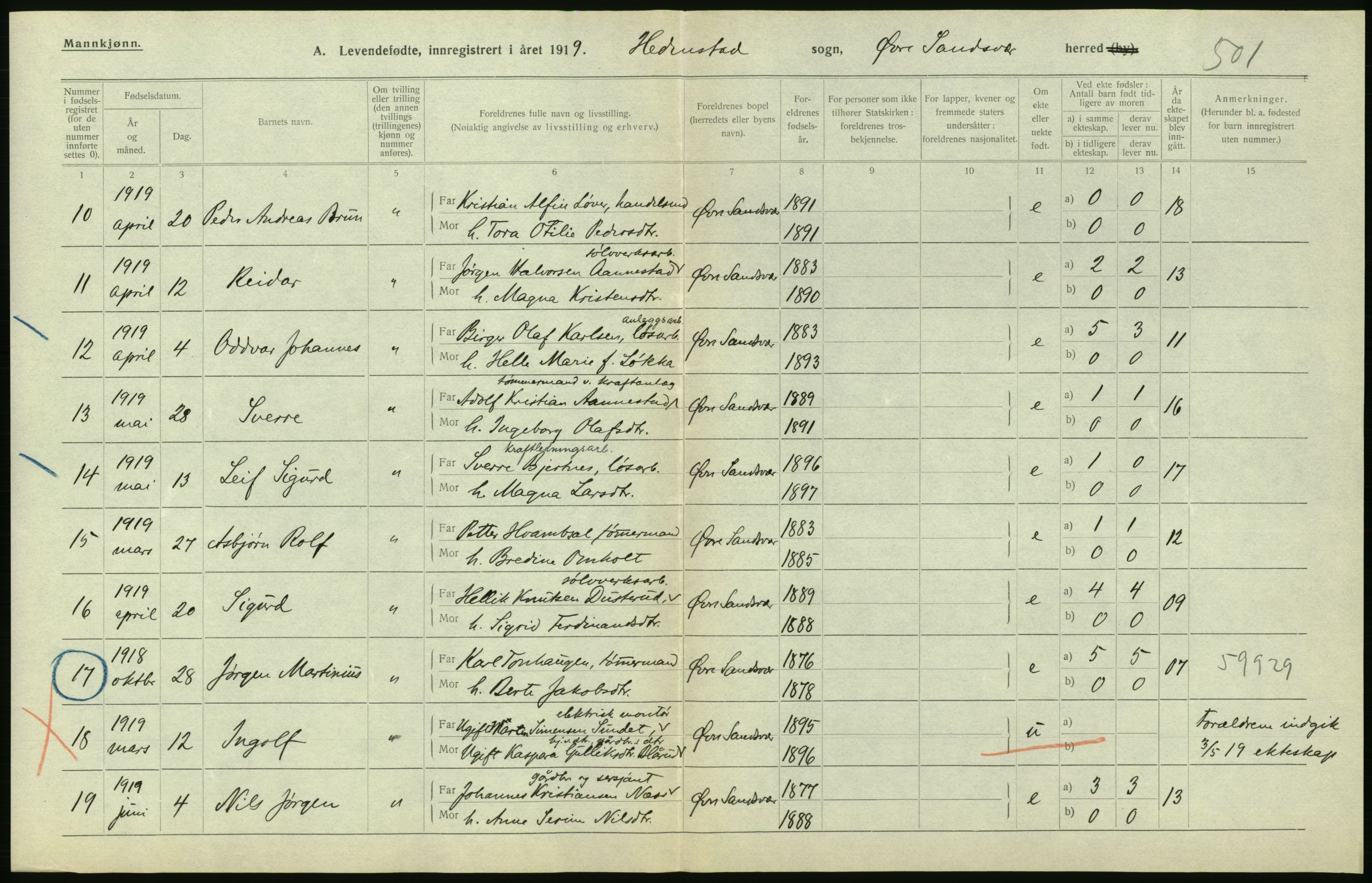 Statistisk sentralbyrå, Sosiodemografiske emner, Befolkning, RA/S-2228/D/Df/Dfb/Dfbi/L0016: Buskerud fylke: Levendefødte menn og kvinner. Bygder., 1919, p. 286