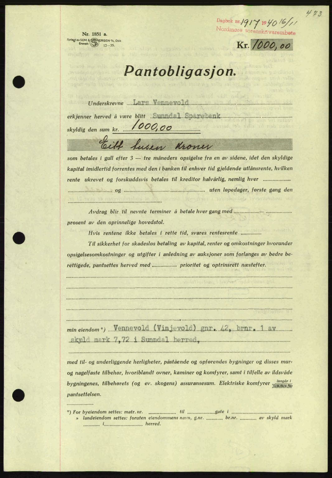 Nordmøre sorenskriveri, AV/SAT-A-4132/1/2/2Ca: Mortgage book no. B87, 1940-1941, Diary no: : 1917/1940