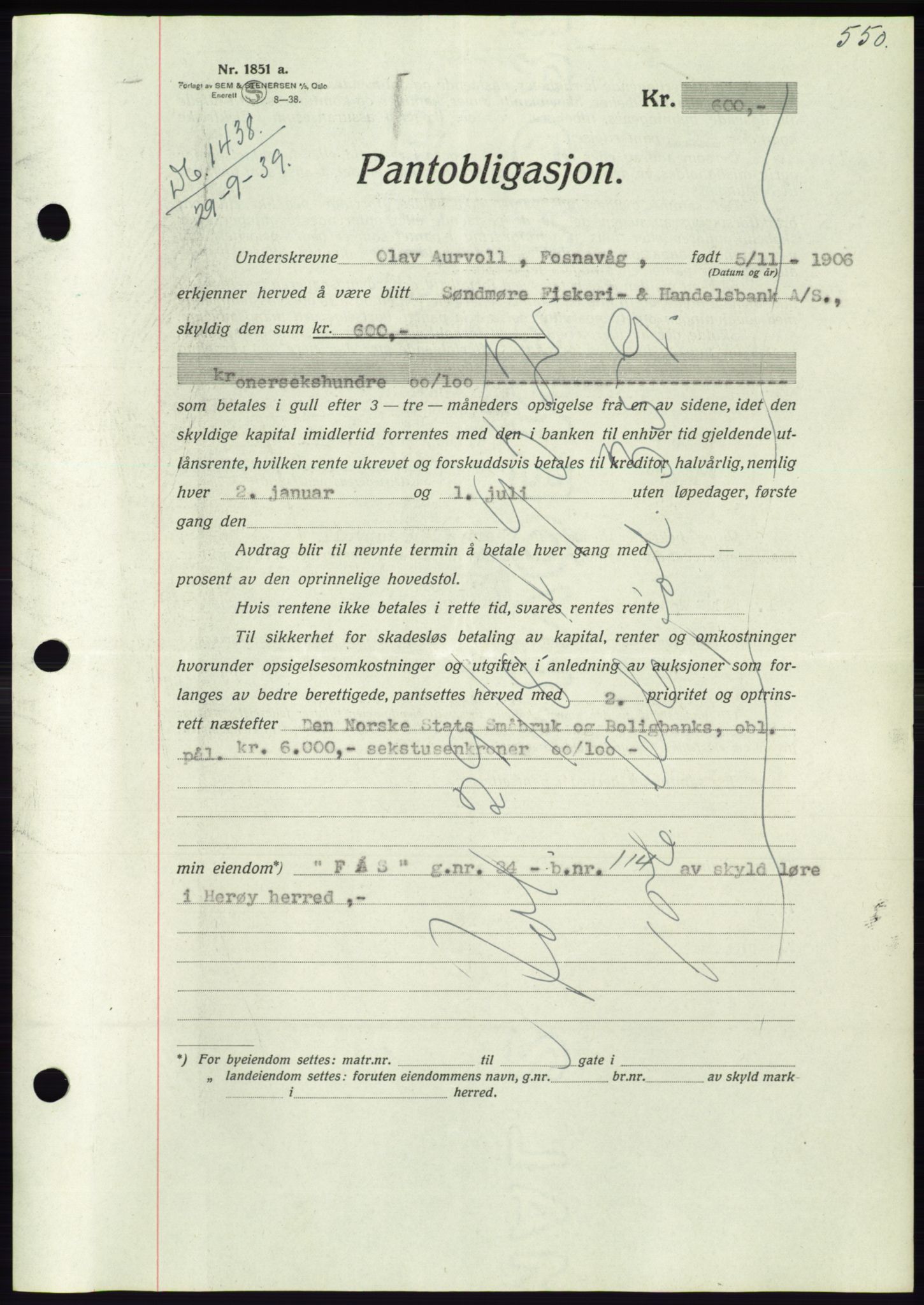 Søre Sunnmøre sorenskriveri, AV/SAT-A-4122/1/2/2C/L0068: Mortgage book no. 62, 1939-1939, Diary no: : 1438/1939