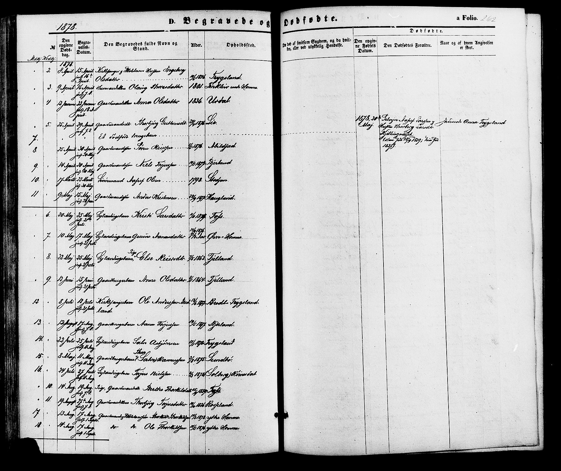 Bjelland sokneprestkontor, AV/SAK-1111-0005/F/Fa/Faa/L0003: Parish register (official) no. A 3, 1867-1887, p. 262