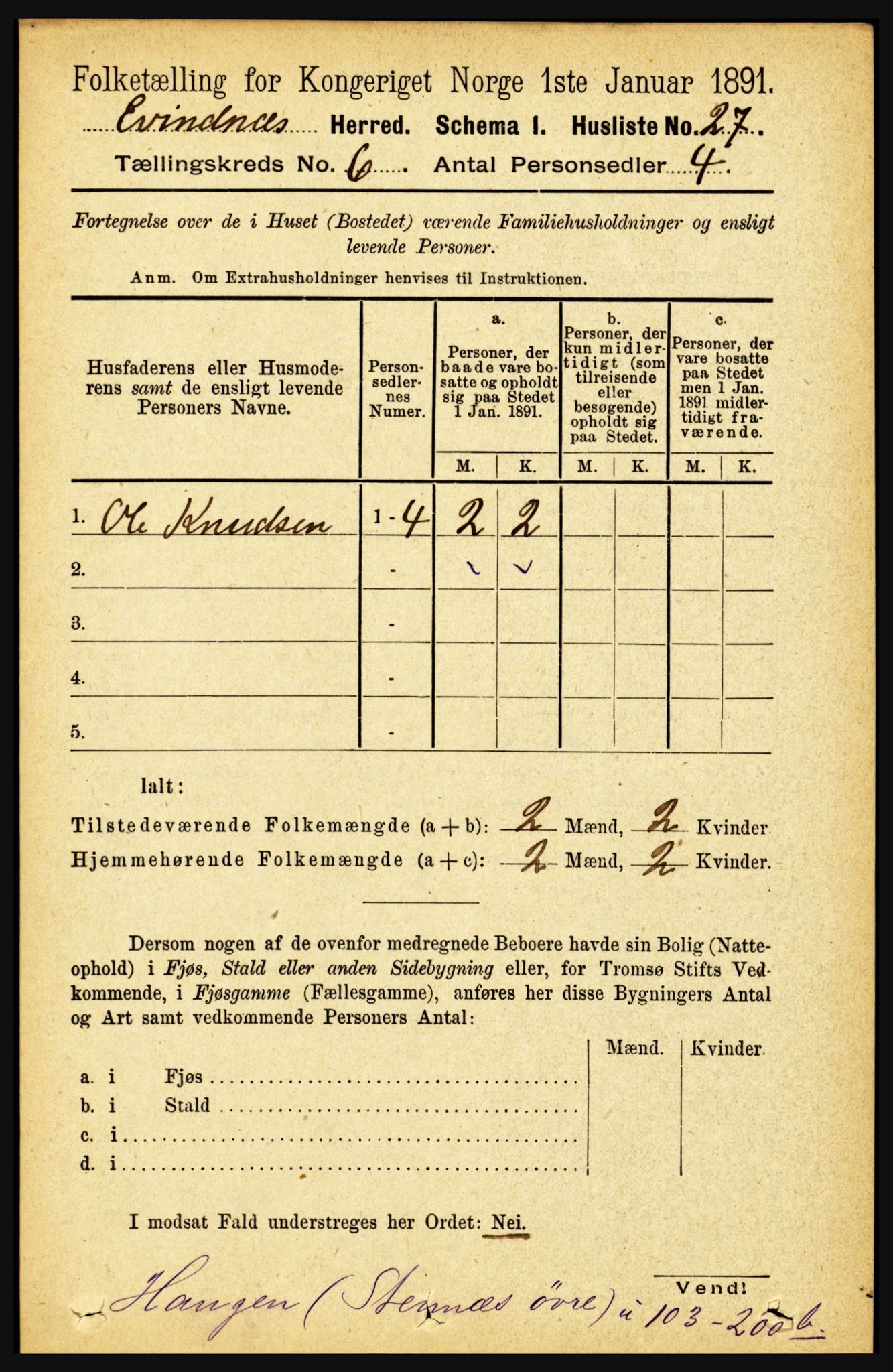 RA, 1891 census for 1853 Evenes, 1891, p. 1911