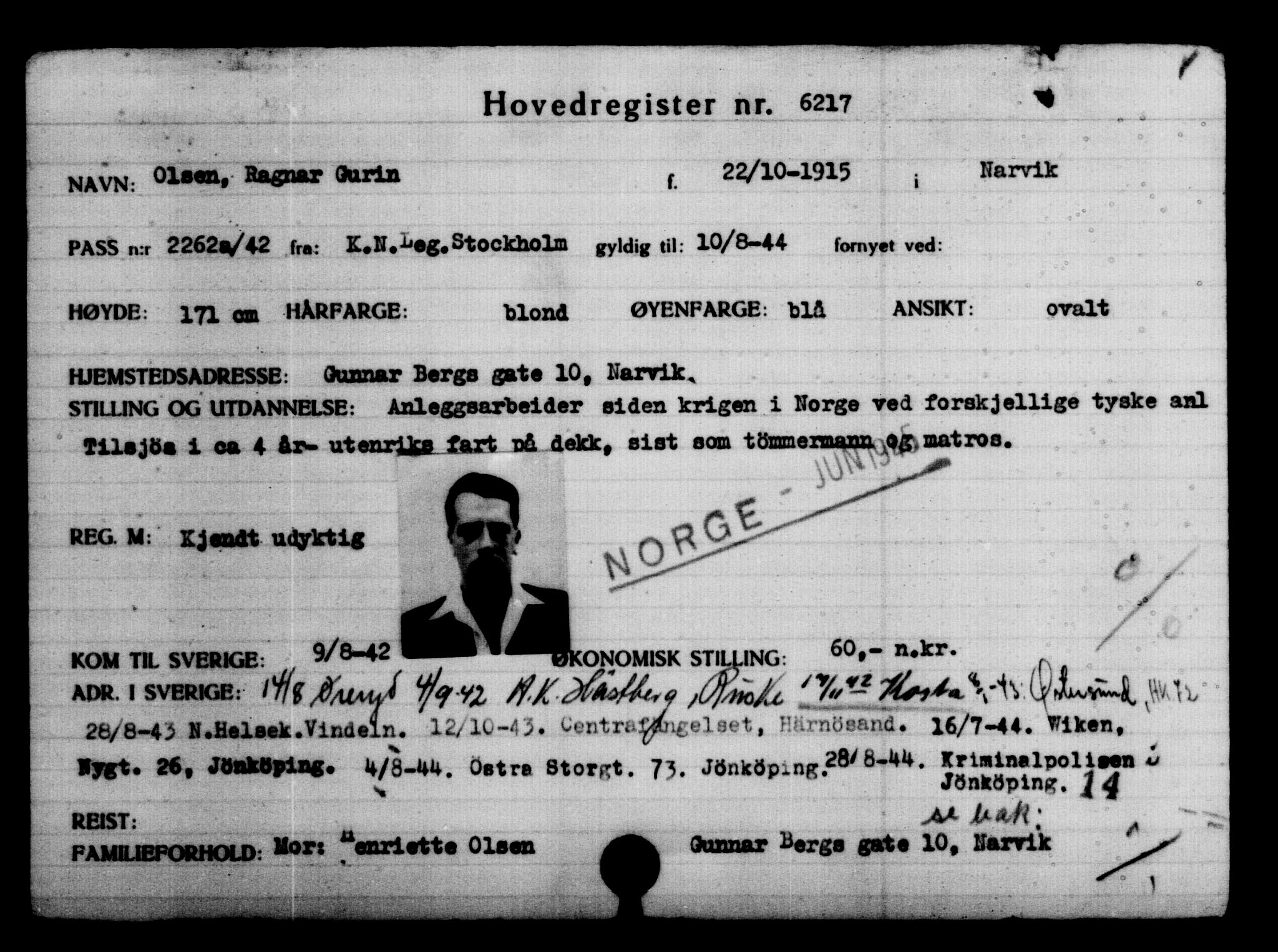 Utenriksstasjonene, Legasjonen i Stockholm, Flyktningkontoret, AV/RA-S-6753/V/Va/L0004: Kjesäterkartoteket, flyktninger med registreringsnr. 3496-6610, 1940-1945, p. 3202